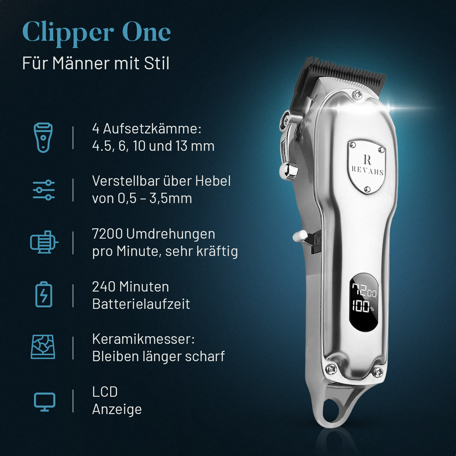 Silberner elektrischer Haarschneider mit Text über Funktionen und Spezifikationen.