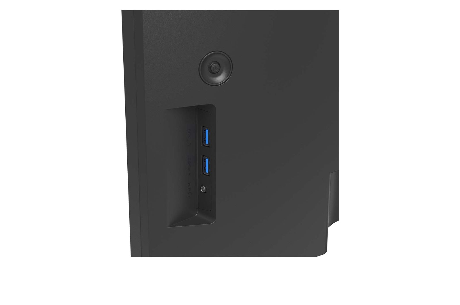 Tył czarnego monitora komputerowego. Posiada porty USB i przycisk zasilania.