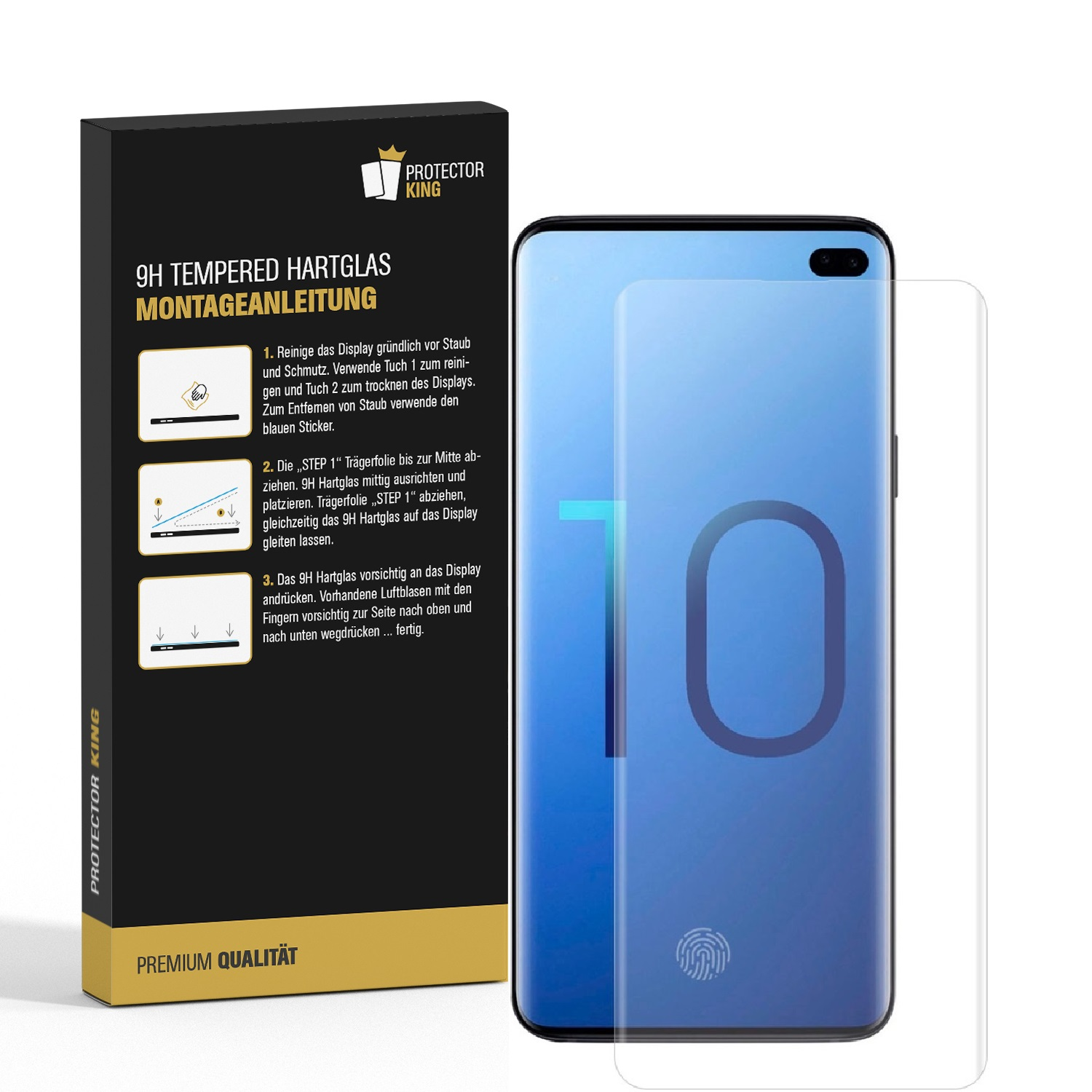 Smartphone-Displayschutzfolien-Box und Telefon mit angebrachter Displayschutzfolie. Anweisungen sind auf der Box.