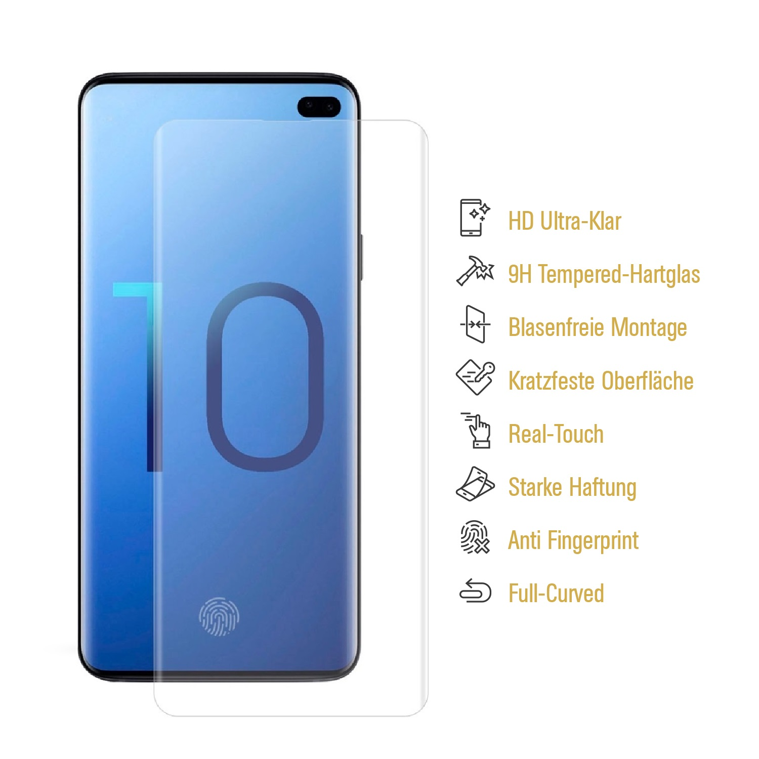 Ein Smartphone mit Displayschutz und Text, der Funktionen auflistet. Weißer Hintergrund.