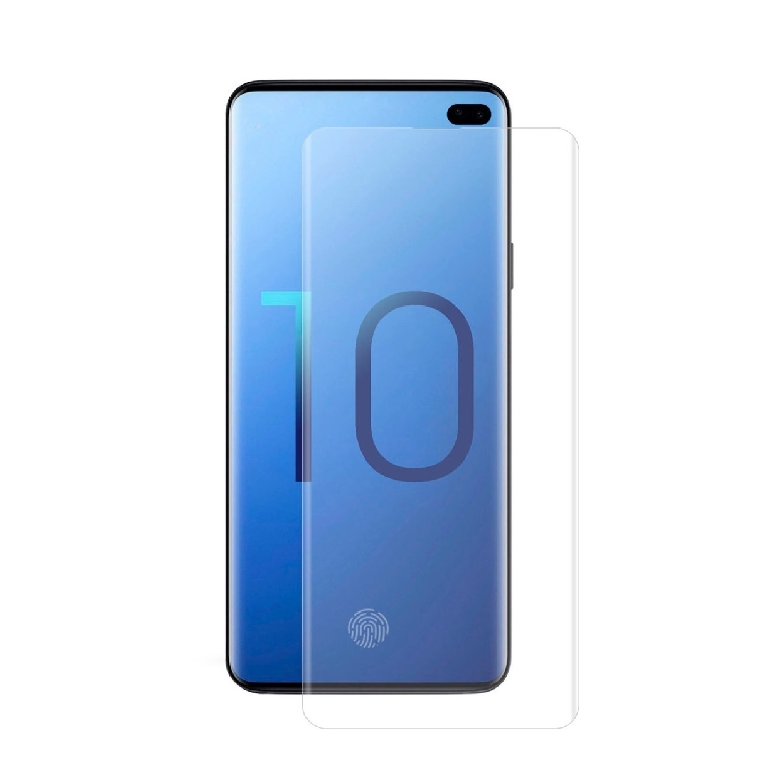Telefon mit angebrachtem Displayschutz, zeigt blauen Hintergrund des Telefons.