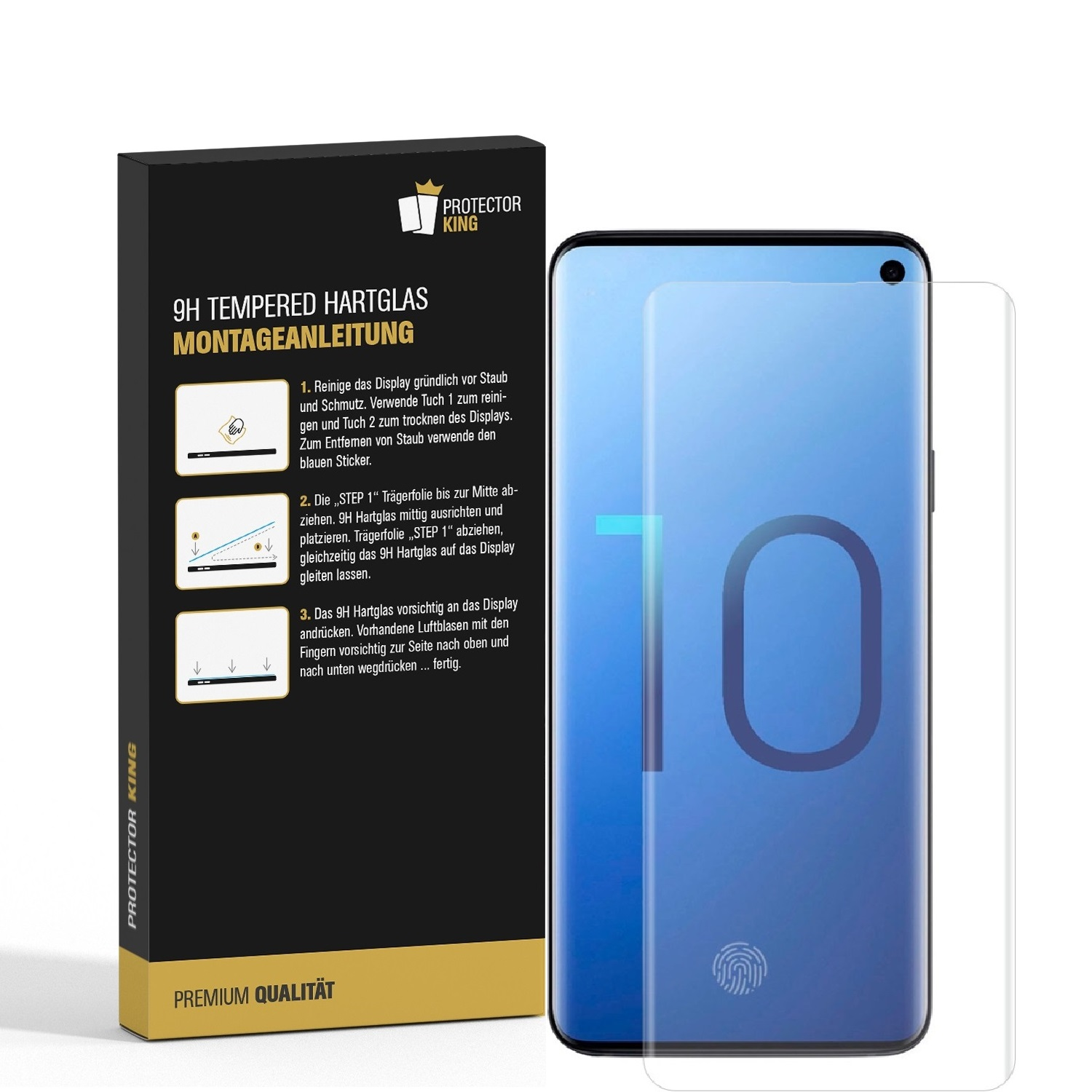 Telefon mit Displayschutz, Schachtel mit Anweisungen. Weißes Telefon, schwarze Schachtel mit Anweisungen.