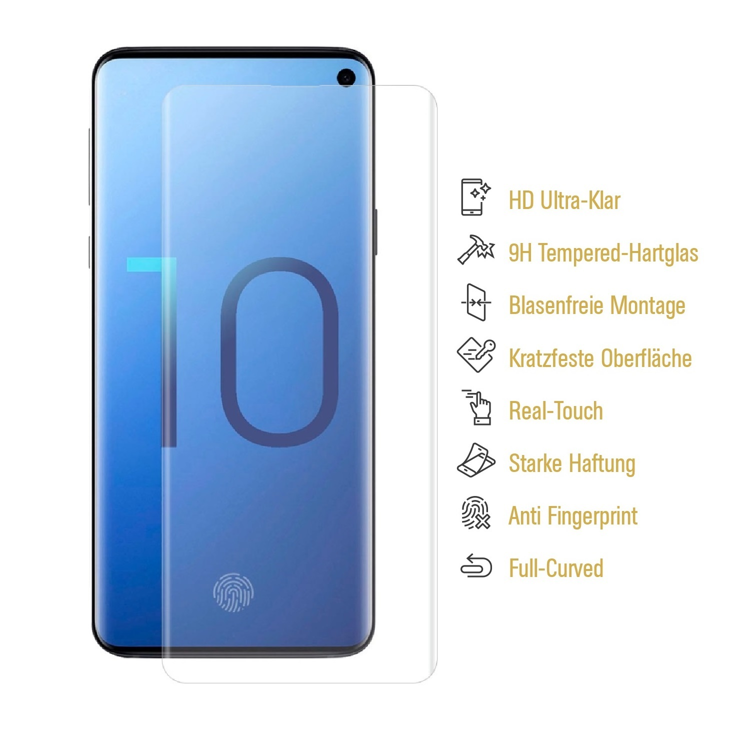 Smartphone mit Displayschutz. Texte auf der Seite beschreiben Funktionen wie HD-Klarheit, Kratzfestigkeit und Fingerabdruckschutz.