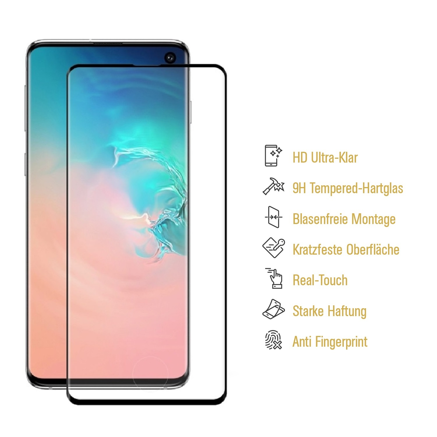 Smartphone mit Displayschutz. Klares Display mit aufgelisteten Funktionen, schwarzer Rahmen. Schutzdetails.