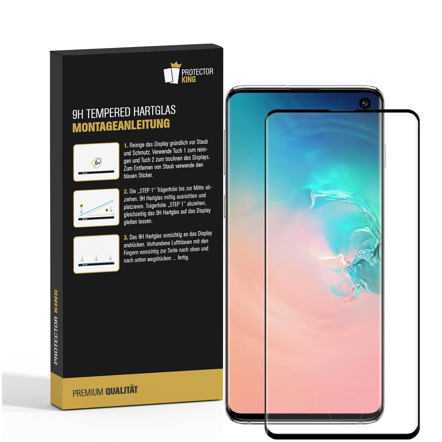 Verpackter Displayschutz und Smartphone mit installiertem Schutz.