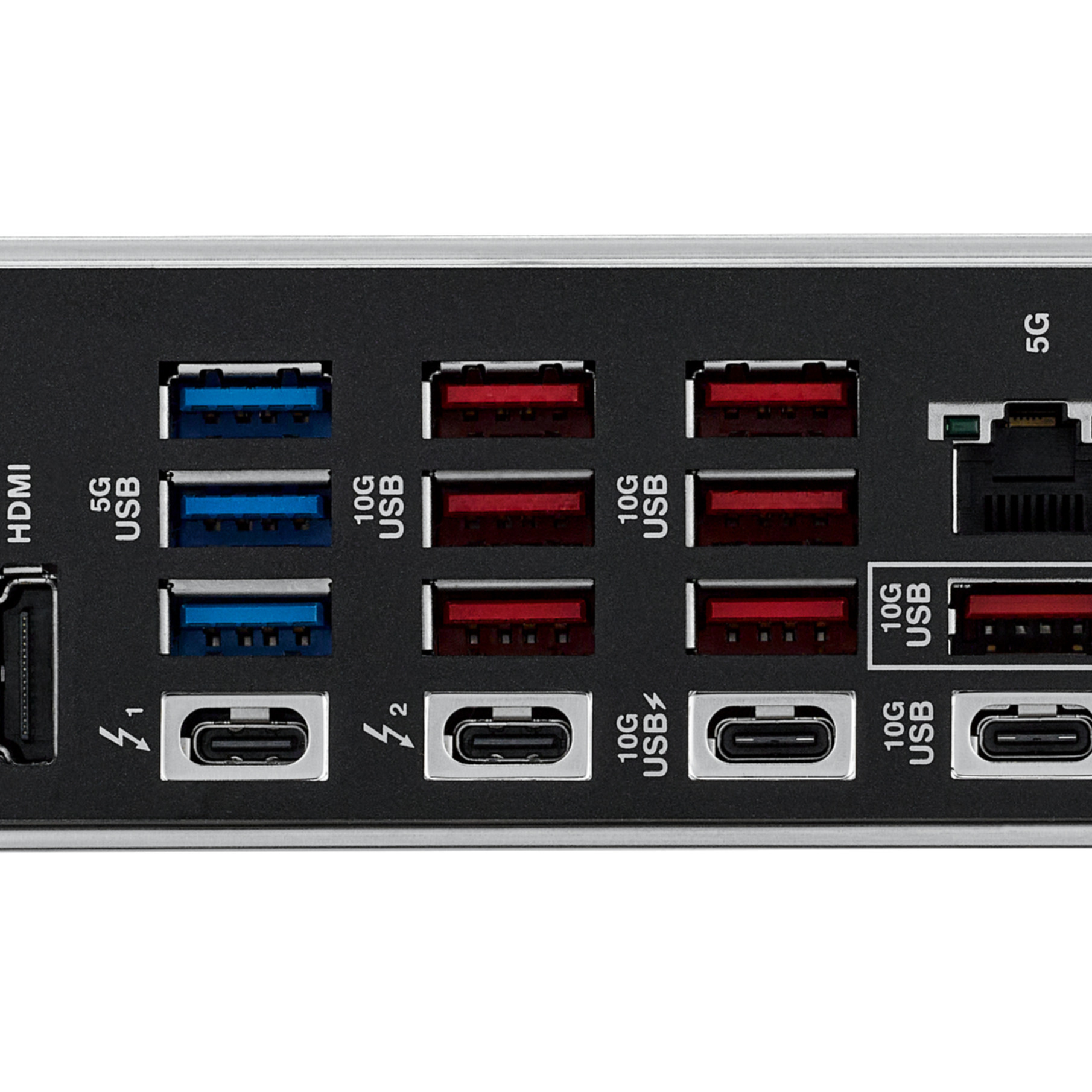 Tylny panel urządzenia z portami USB. Zawiera porty USB, HDMI i 5G. Głównie czarny ze srebrnymi akcentami.
