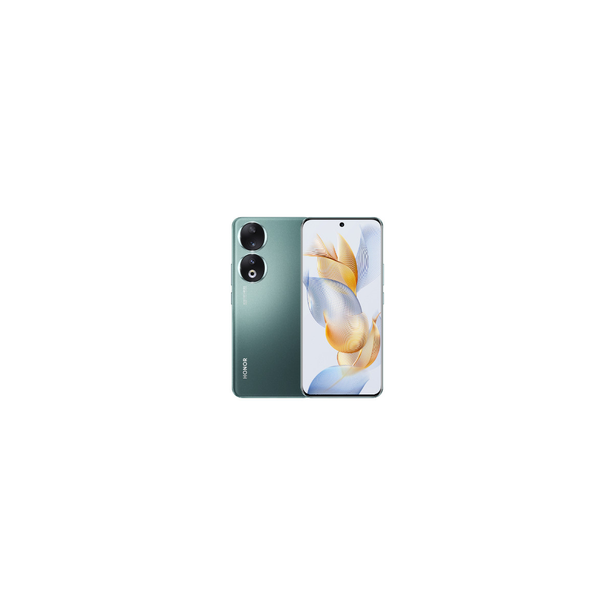 Ein grünes Smartphone mit zwei Rückkameras und einem Frontbildschirm. Es steht aufrecht.
