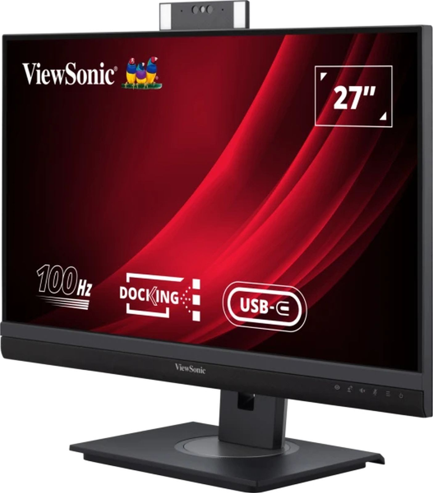 27" monitor ViewSonic z czerwonym tłem. Ma 100Hz, docking i funkcje USB-C.