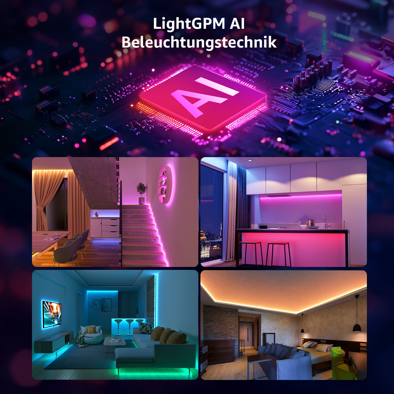 Mehrere Bilder, die Beleuchtungskonfigurationen zeigen. Verschiedene Räume mit farbigen LED-Streifen. Der Text 'LightGPM AI'.