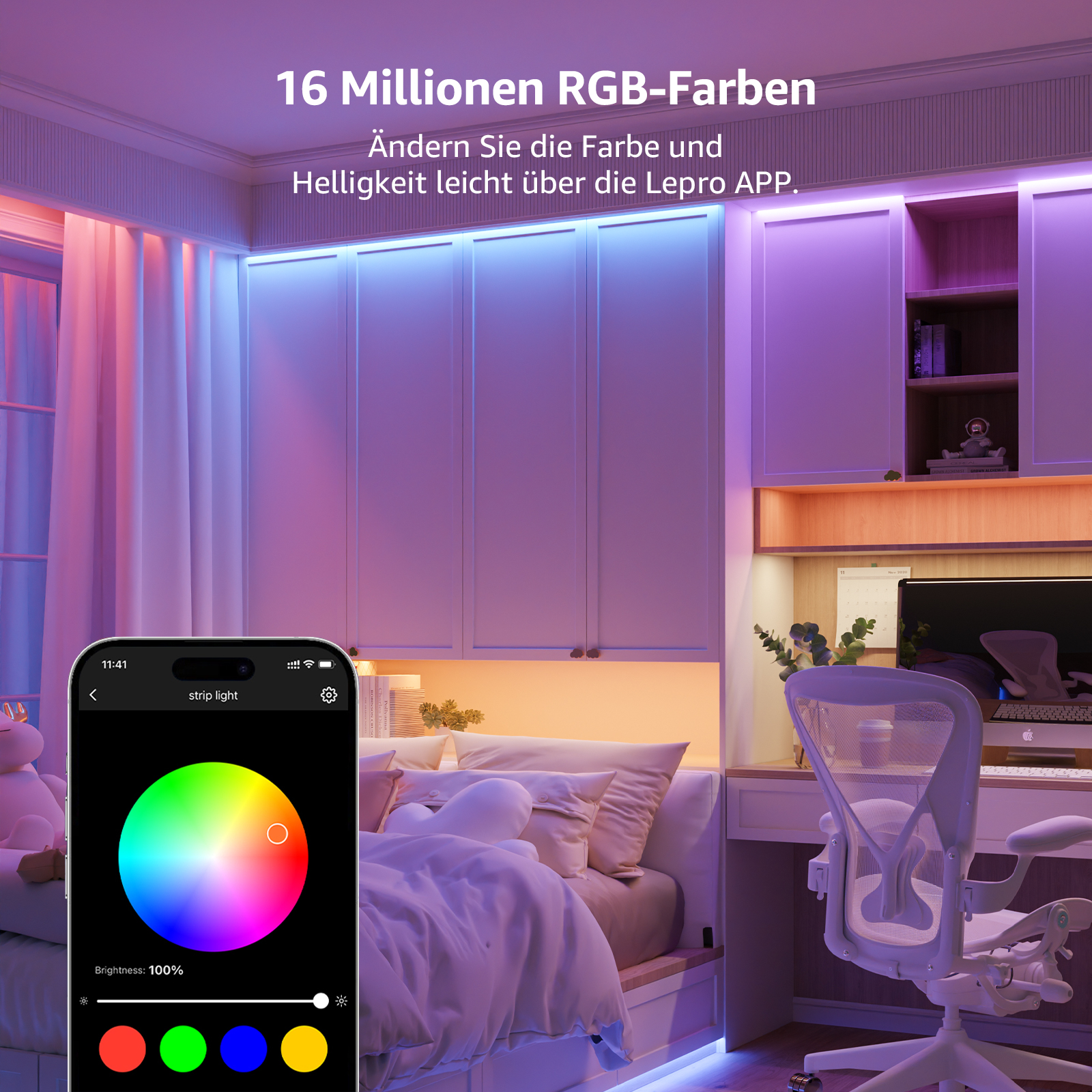 Schlafzimmer mit mehrfarbigen LED-Streifen. Smartphone mit App-Oberfläche sichtbar.