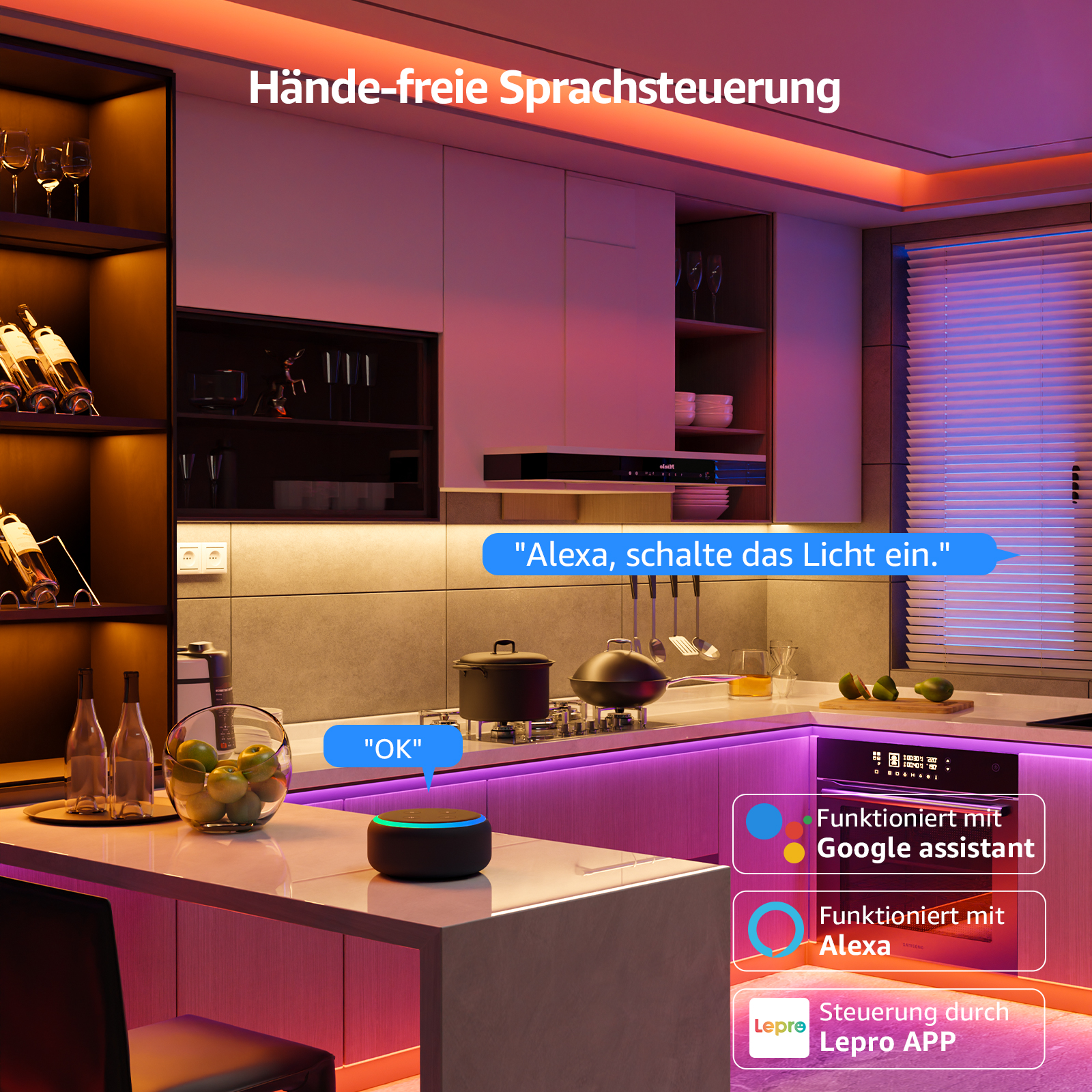 Eine moderne Küche mit bunten LED-Streifen und einem Smart Speaker auf der Arbeitsplatte.