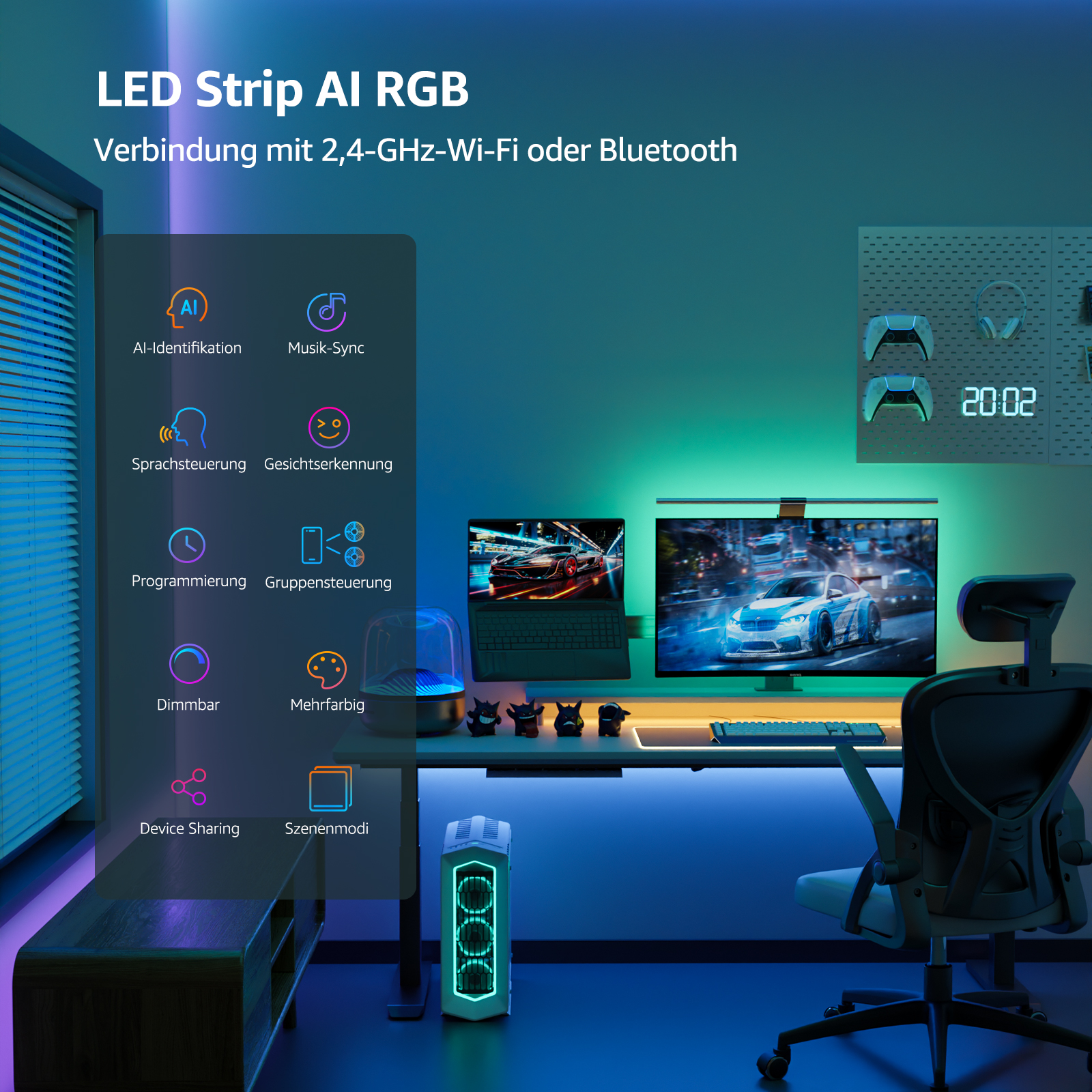 Schreibtisch-Setup mit LED-Streifen, Monitor, Peripheriegeräten und Computer.