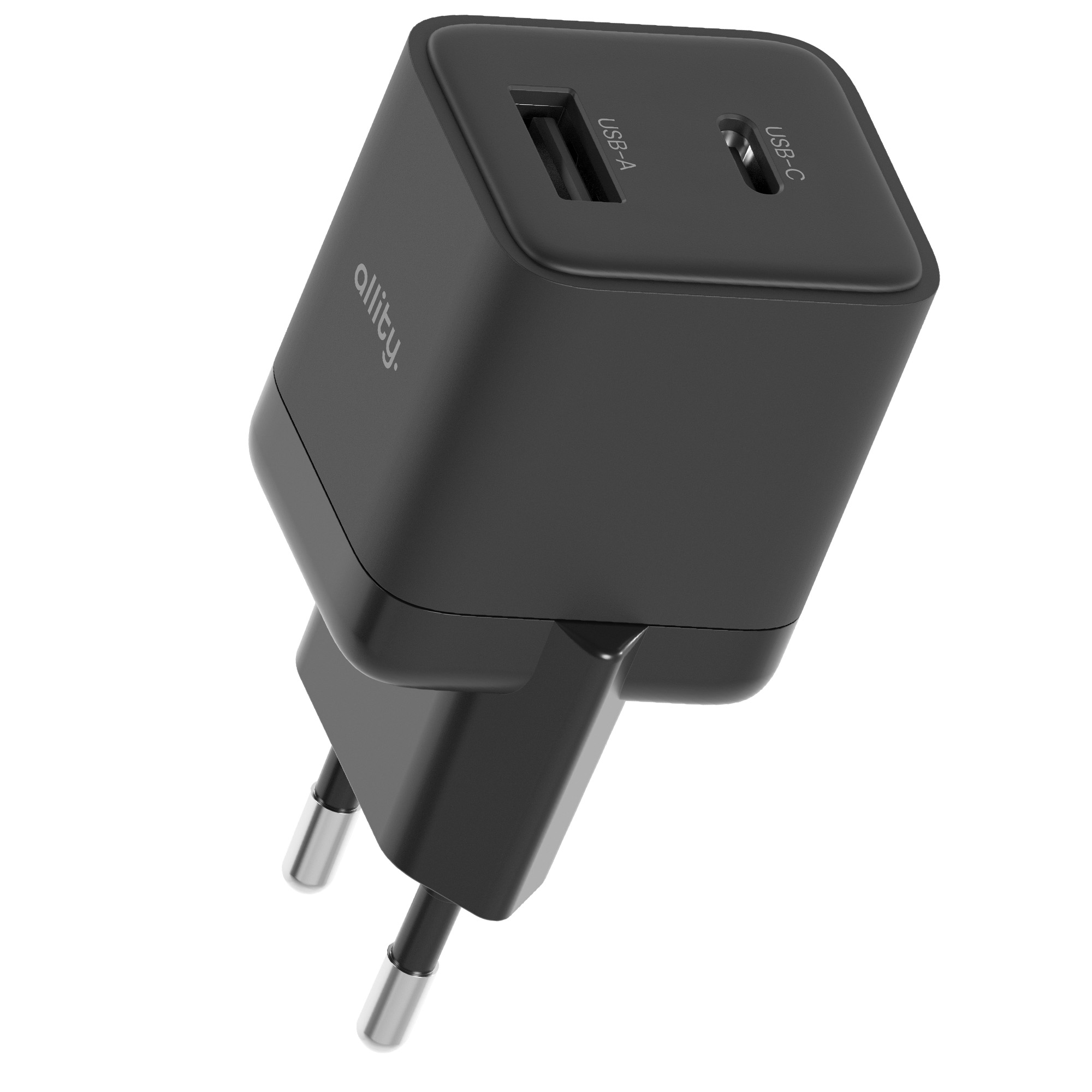Czarna ładowarka ścienna z dwoma portami USB, jednym USB-A i jednym USB-C.