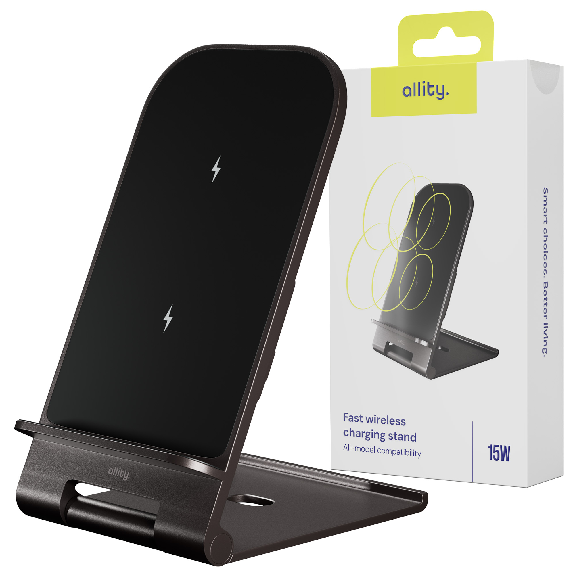 Czarna bezprzewodowa podstawka ładująca i jej pudełko. Jest to podstawka ładująca z białymi ikonami błyskawic.
