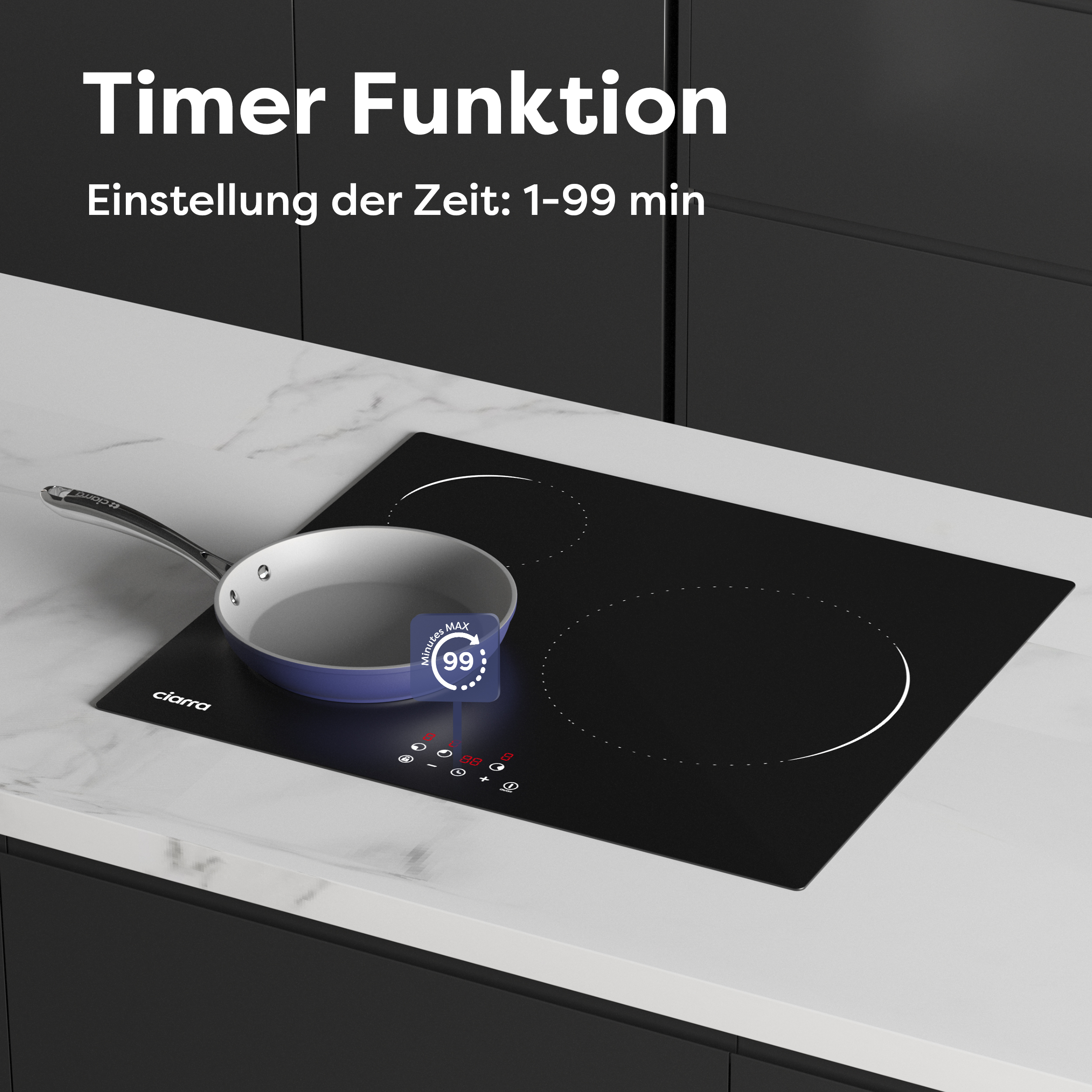 A black induction cooktop with a blue pan cooking on it. The display shows a timer setting.