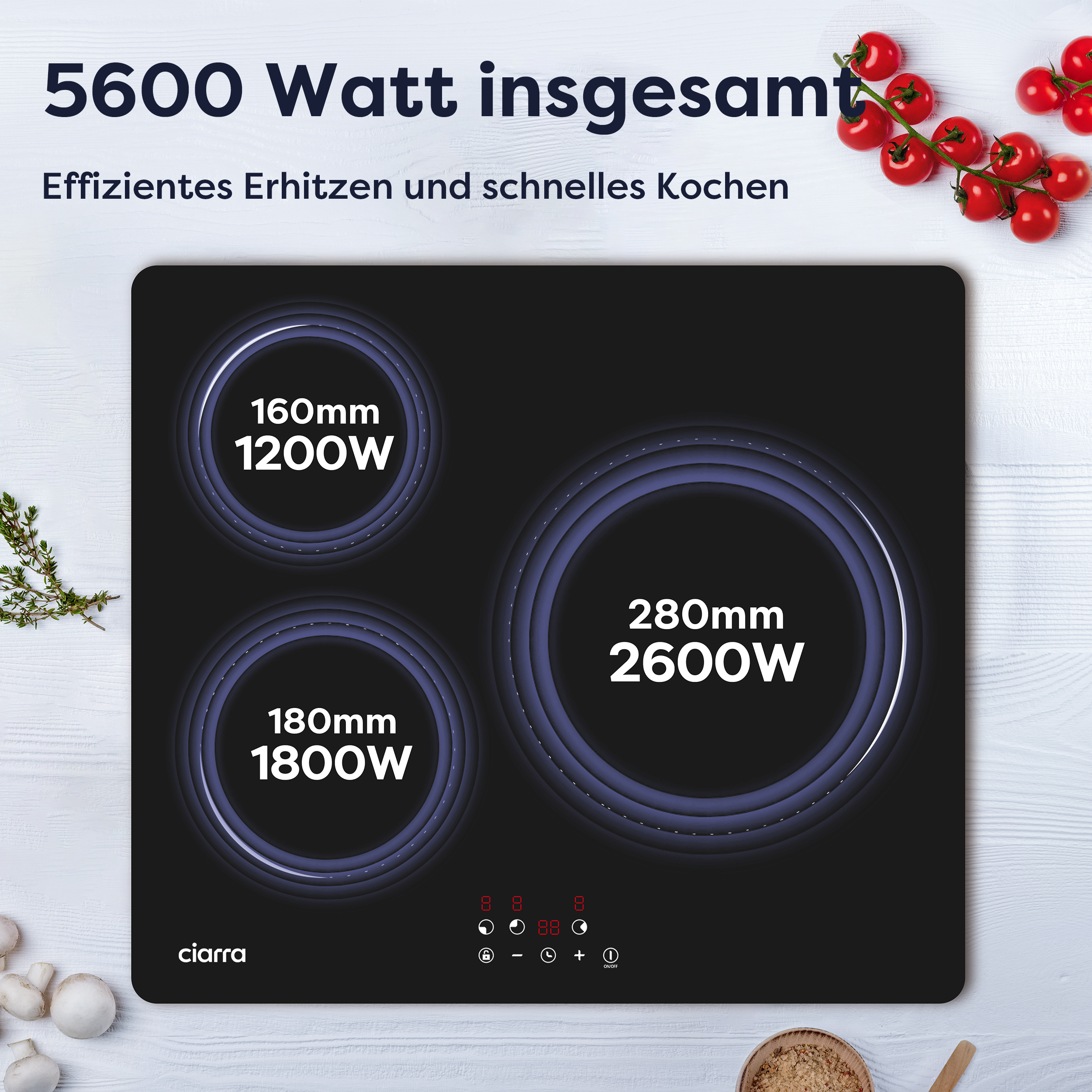 Black induction cooktop with three cooking zones, labeled with wattage and size. Cherry tomatoes and thyme.