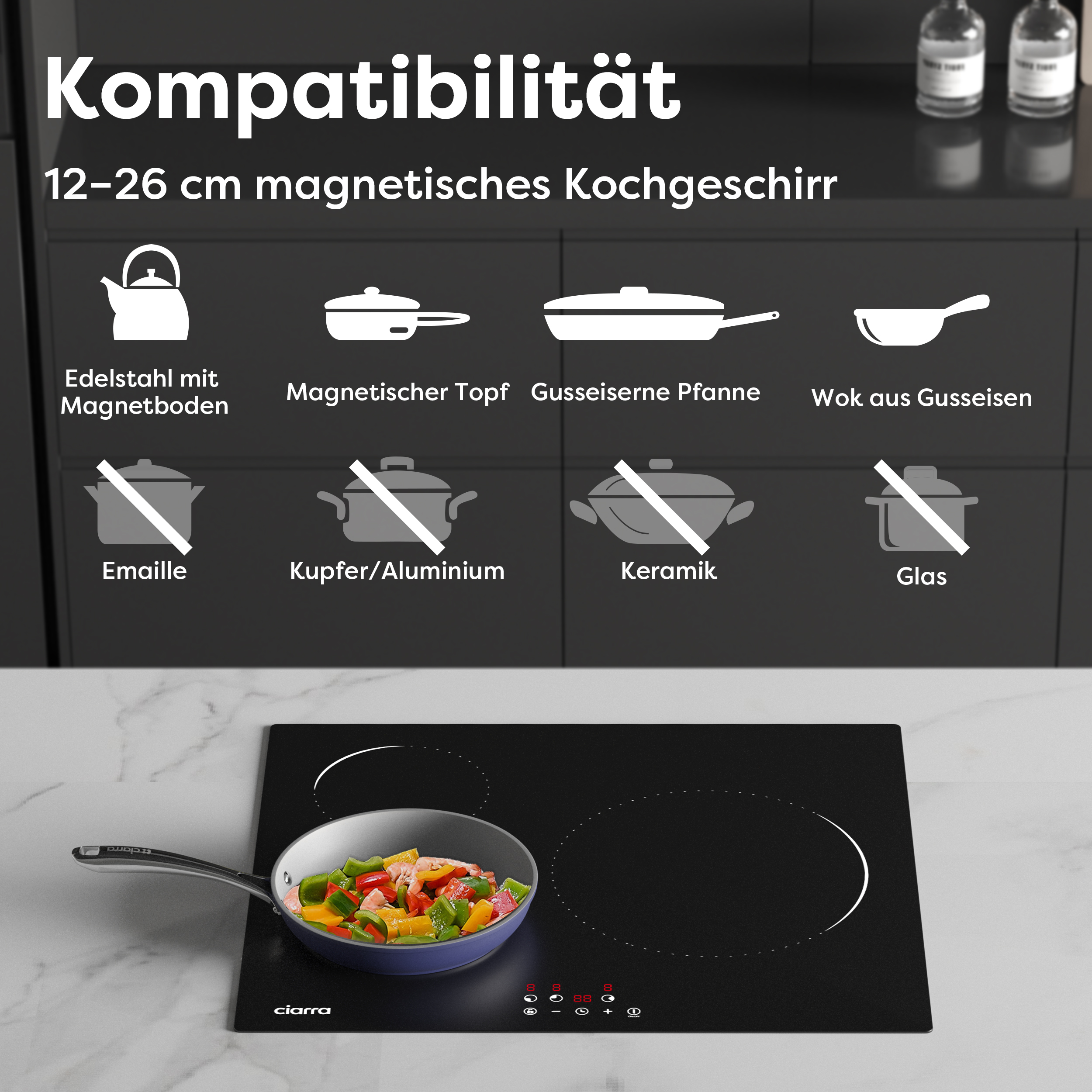 An induction cooktop with pots illustrations and a pan with colorful ingredients inside.