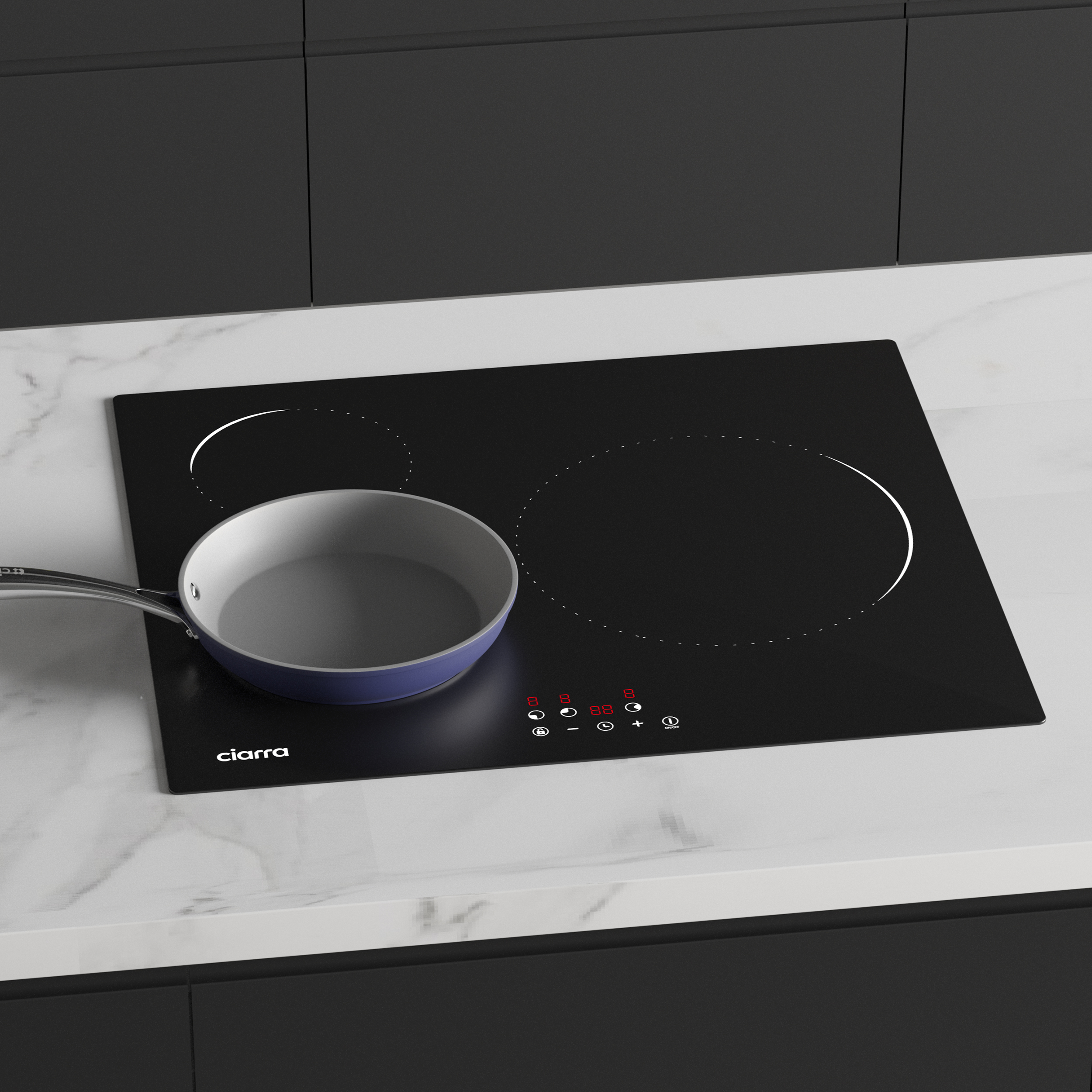 A black induction cooktop with two cooking zones and a blue pan.