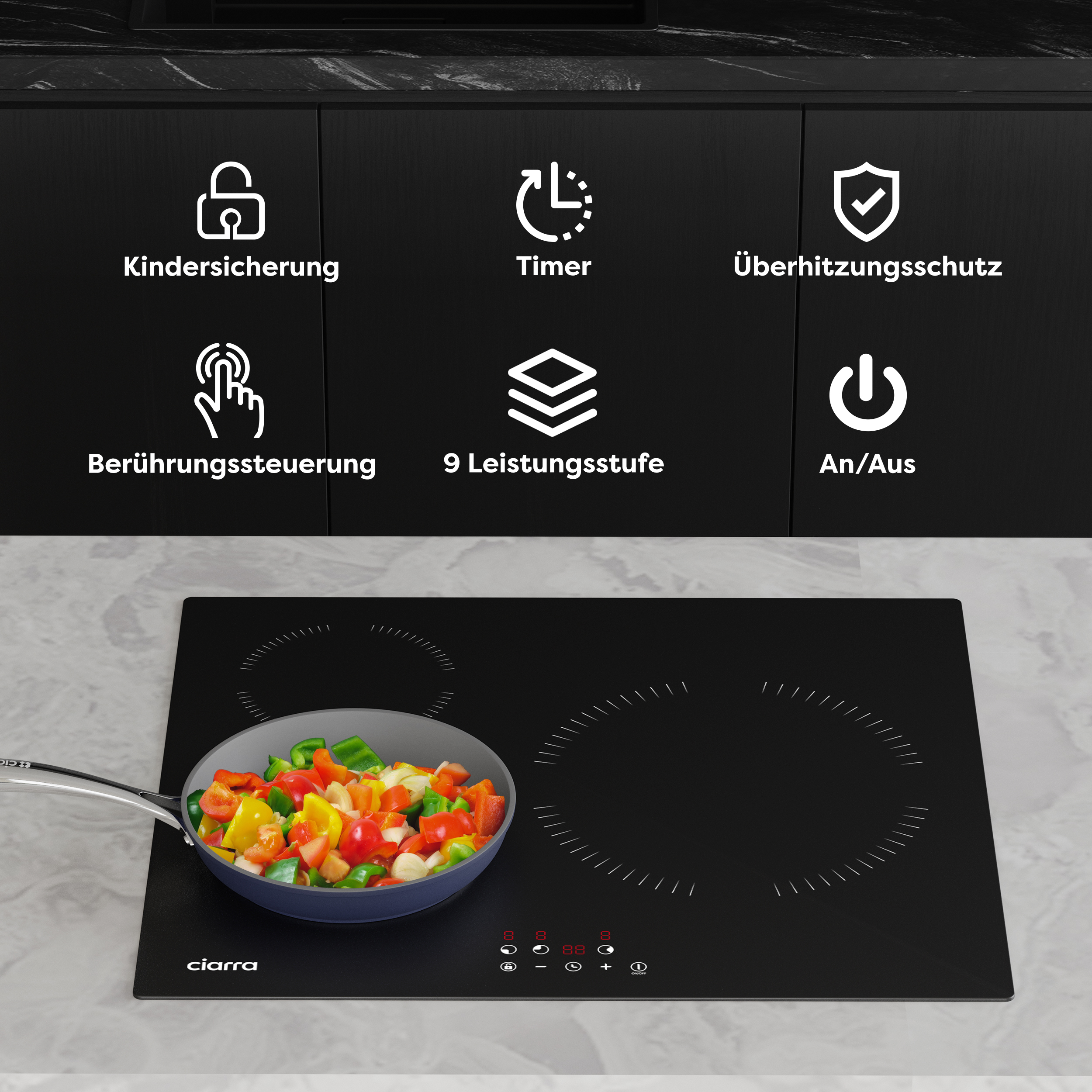 Table de cuisson à induction noire avec une poêle et des icônes de fonctionnalités.