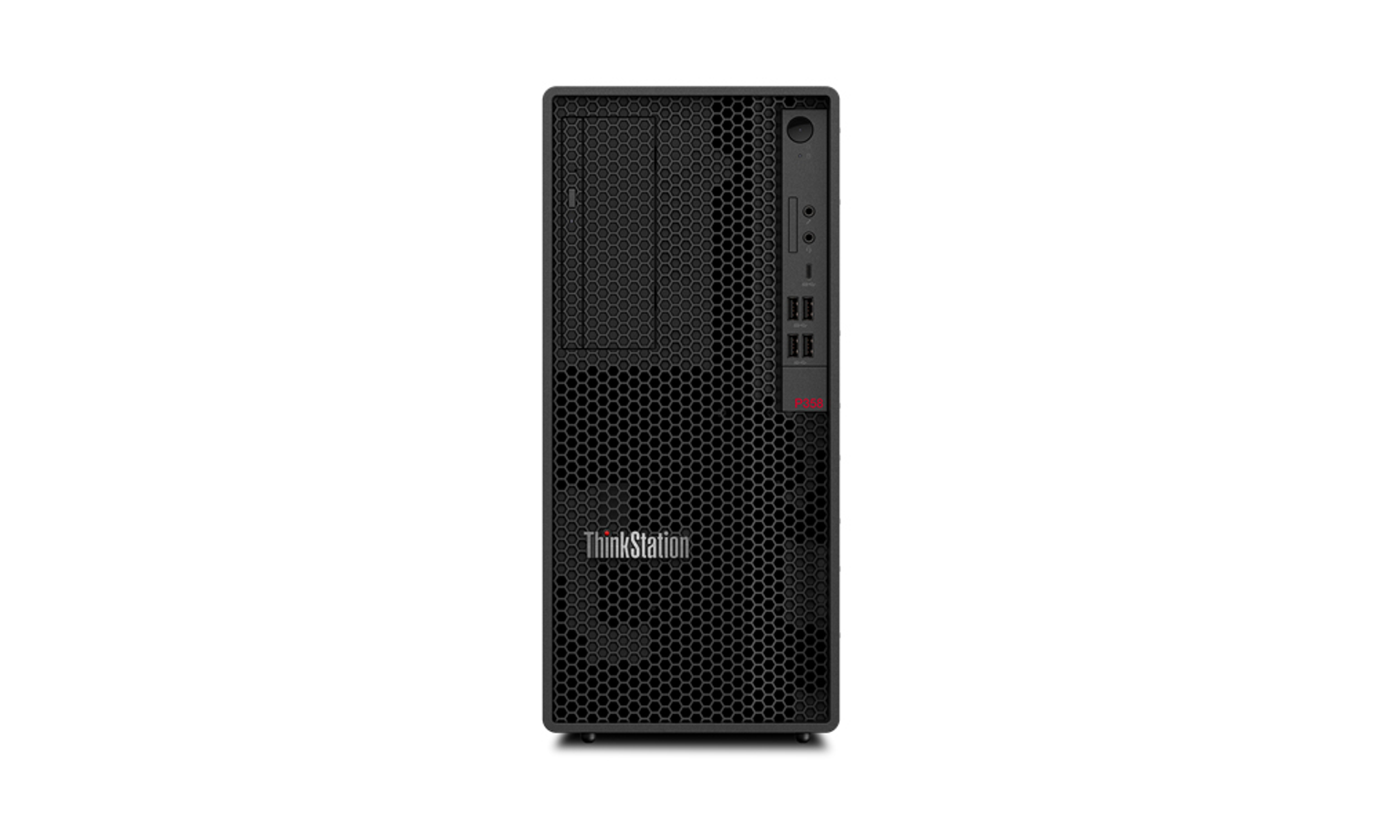 Case per computer Lenovo ThinkStation nero. È un case alto e sottile con un pannello frontale a nido d'ape.