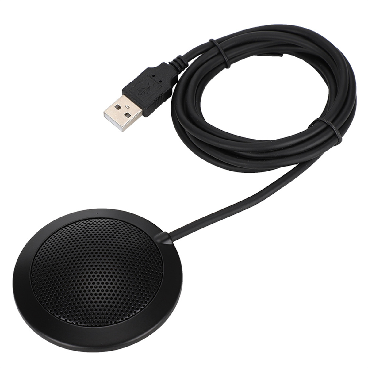 Schwarzes Mikrofon mit Mesh-Abdeckung und USB-Kabel.