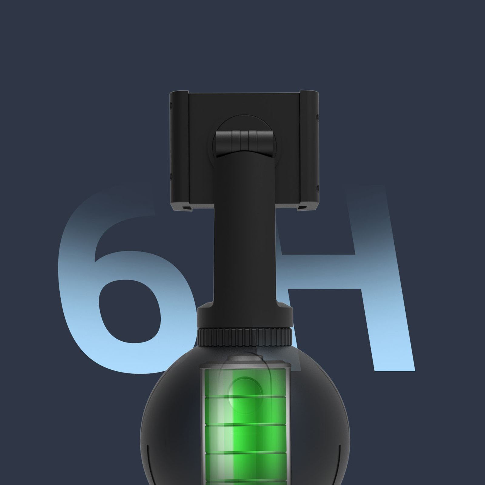 Schwarzes Gerät mit Batteriestandsanzeige und blauem Hintergrund mit der Zahl 6H.