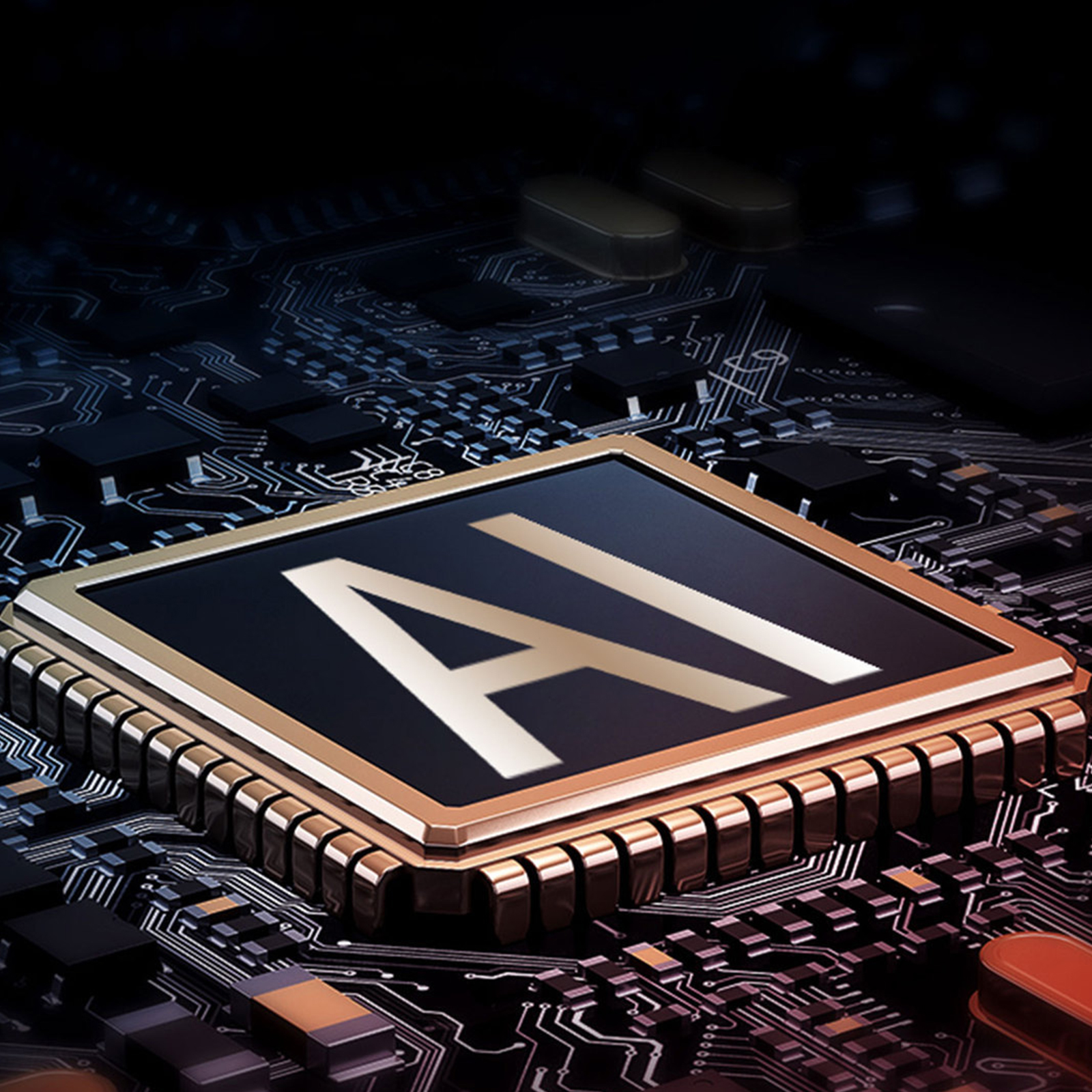 Nahaufnahme eines Computerchips mit 'KI' darauf, umgeben von Schaltkreisen.