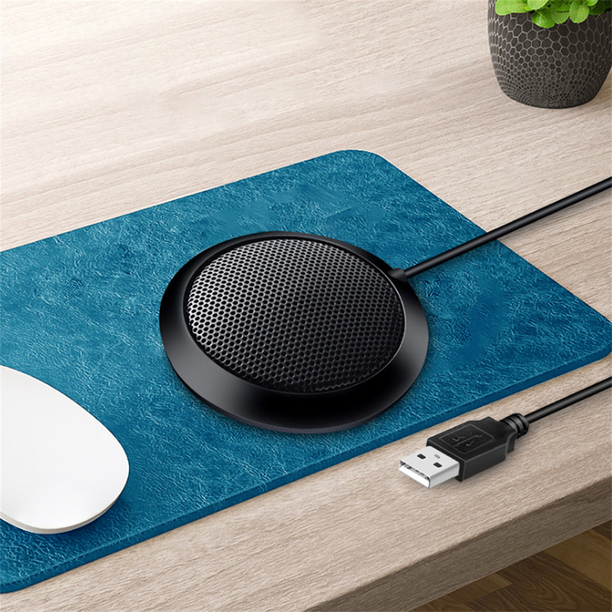 Ein schwarzes Mikrofon auf einer blauen Matte. Links befindet sich eine weiße Maus. Ein USB-Kabel ist angeschlossen.