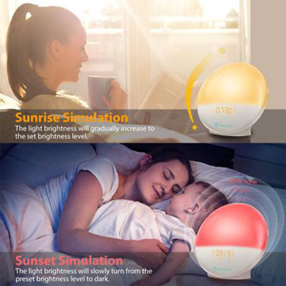 Frau und Baby mit einem Sonnenaufgangs- und Sonnenuntergangs-Simulationswecker im Hintergrund.