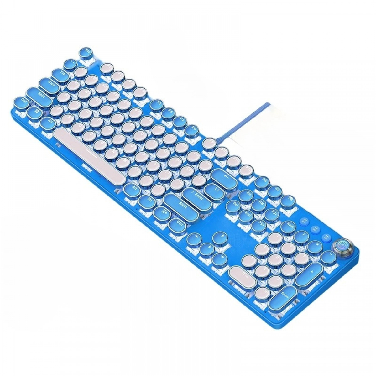 Eine blaue Tastatur mit runden Tasten und weißem Hintergrund.