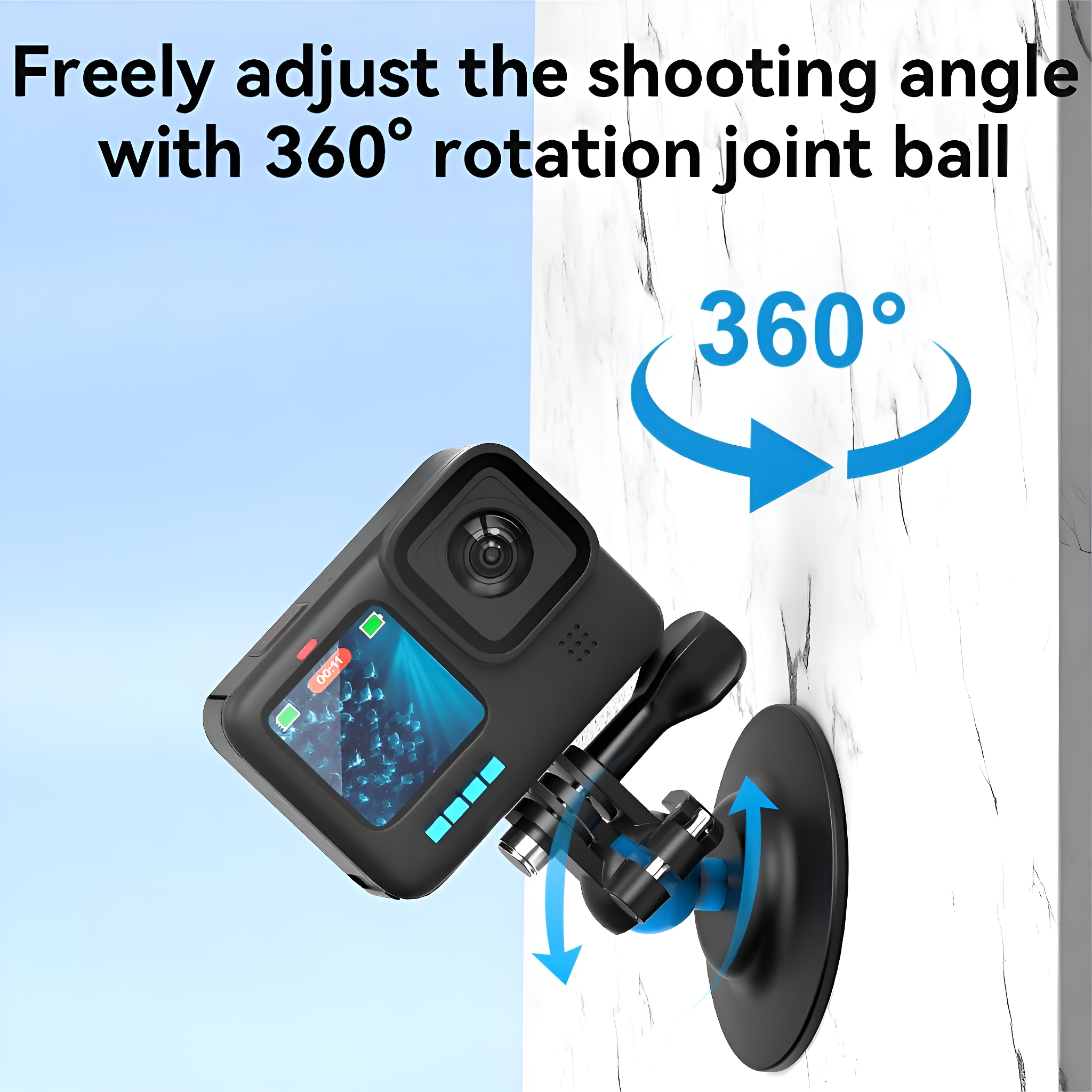 Schwarze Action-Kamera an der Wand montiert, mit 360-Grad-Drehgelenk. Pfeile zeigen die Bewegung.