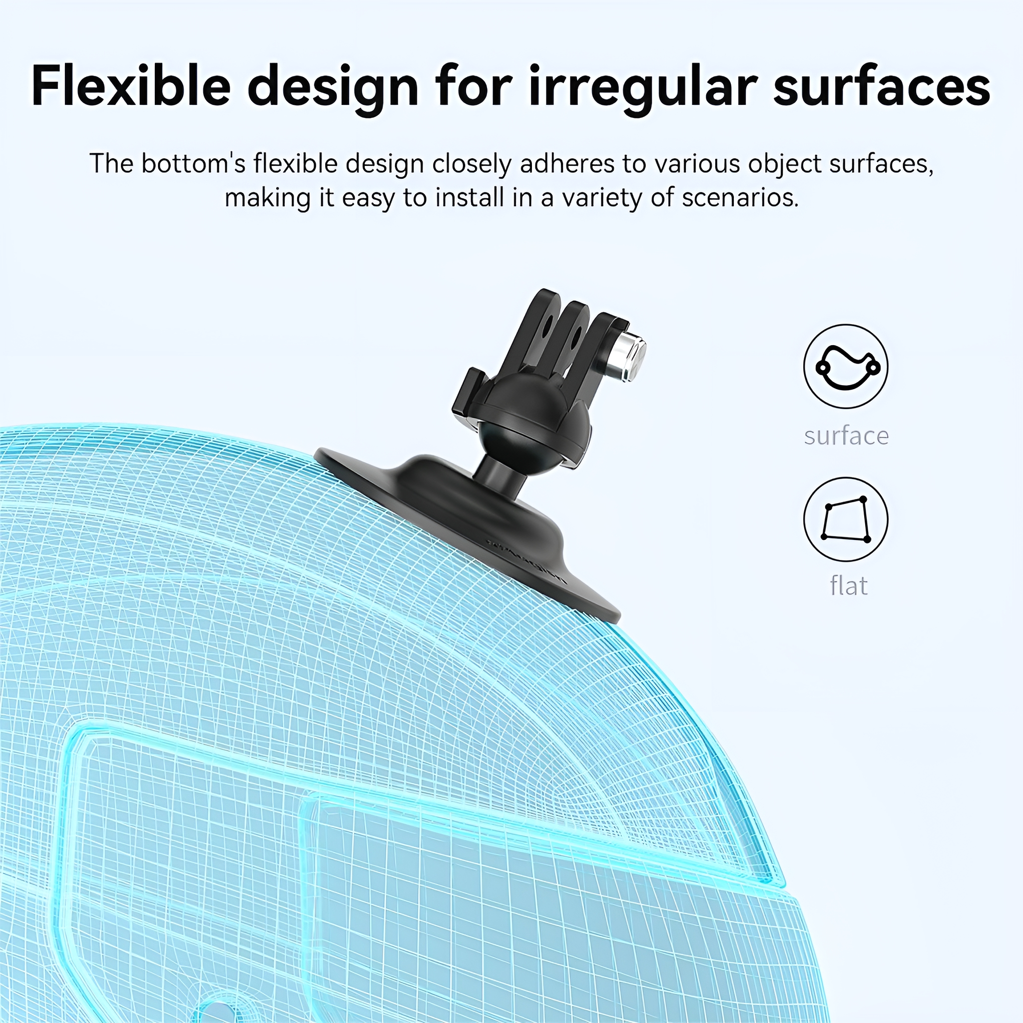 Schwarze Autohalterung mit flexiblem Design für unebene Oberflächen. Es ist an einer blauen Oberfläche befestigt.