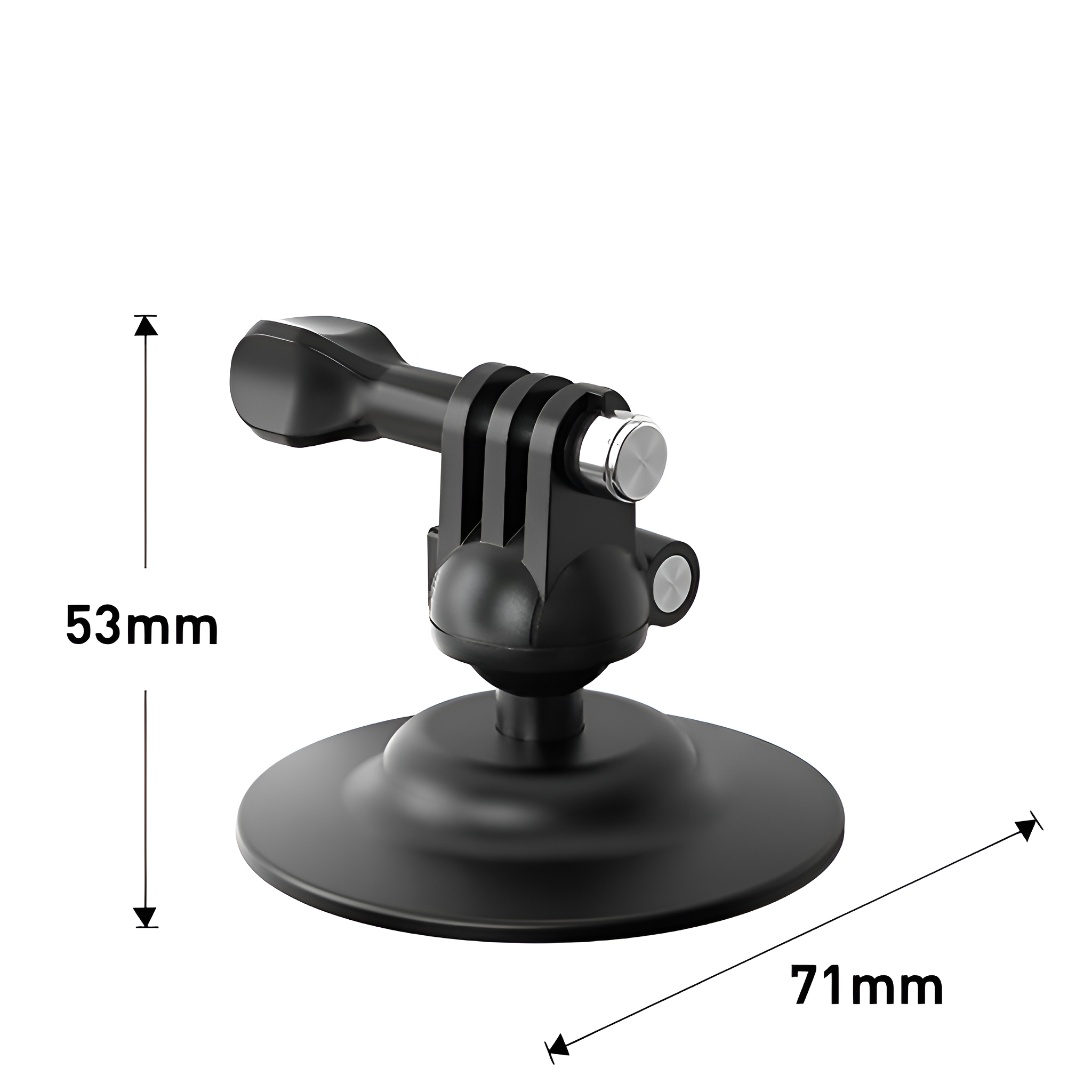 Schwarze Action-Kamera-Halterung mit Abmessungen in Millimetern.