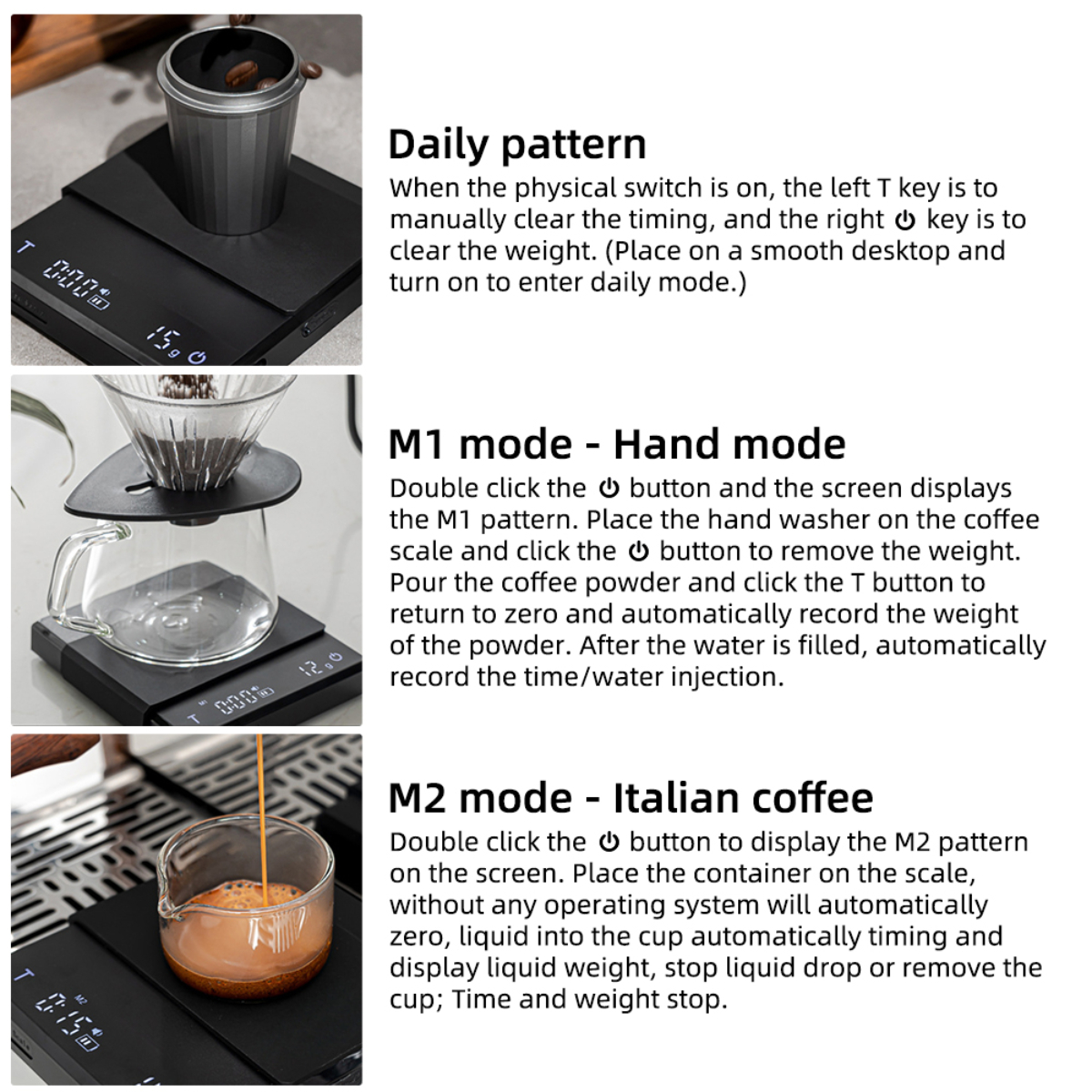 Bilder, die die Verwendung einer digitalen Kaffeewaage in verschiedenen Modi veranschaulichen.