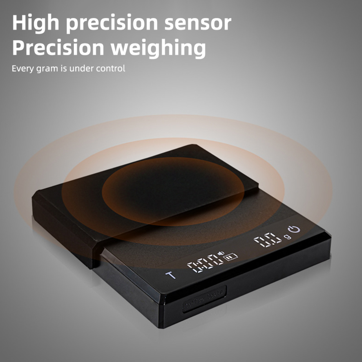 Schwarze Digitalwaage mit beleuchteter Anzeige. Text: Hochpräziser Sensor, Präzisionswägung.
