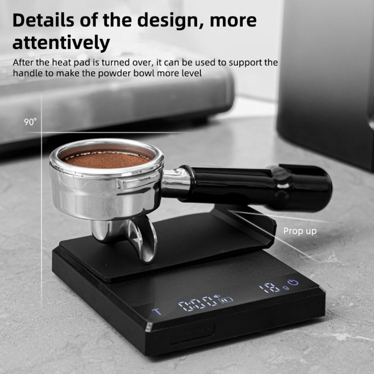 Espresso-Waage mit Siebträger. Die Designdetails sind auf der Waage zu sehen.
