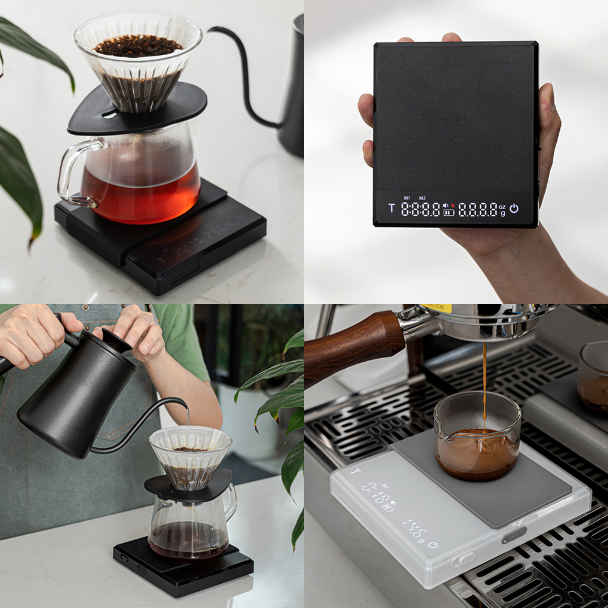 Kaffeezubereitung mit Pour-Over, Glaskaraffe und Digitalwaage, mit Händen, die heißes Wasser einschenken.