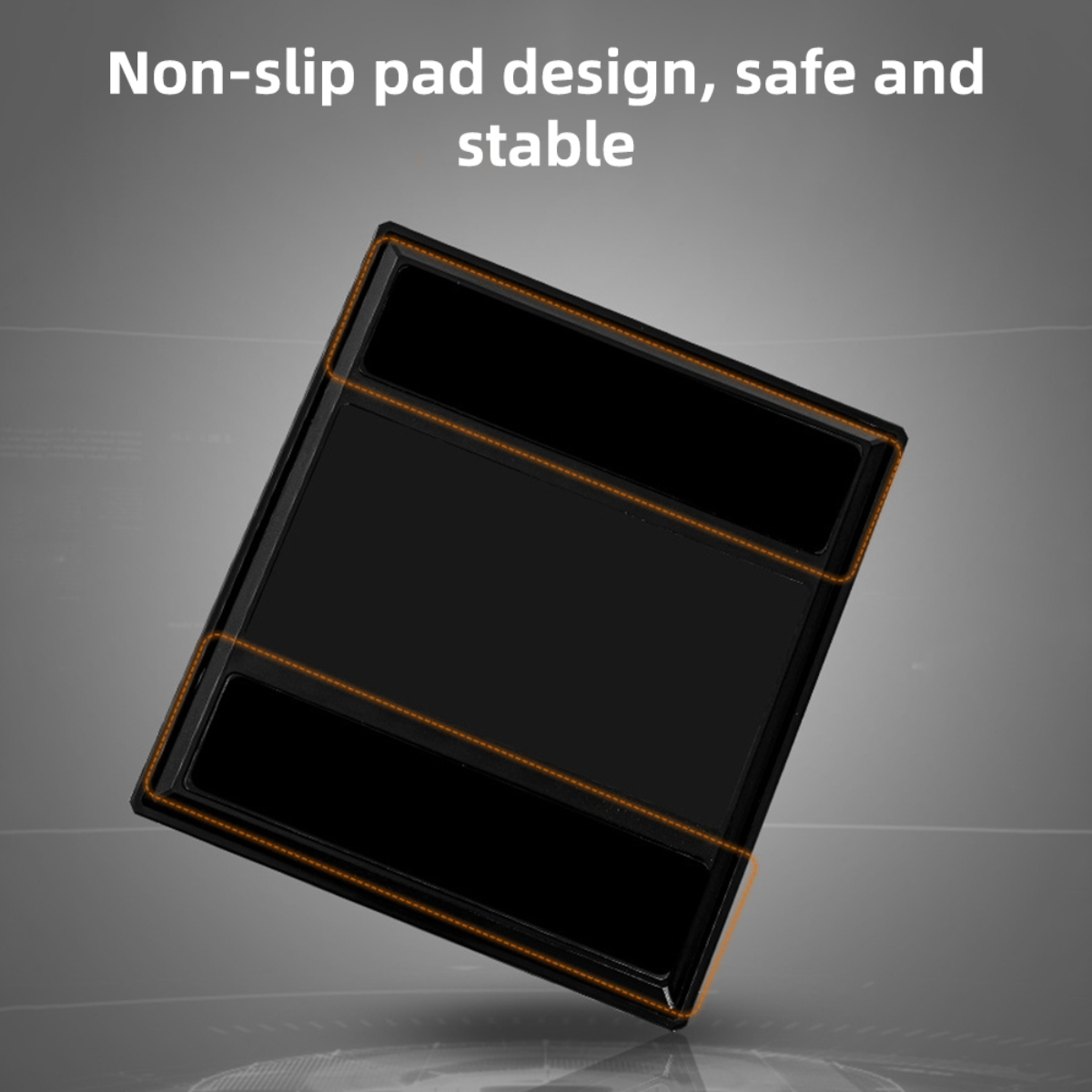 Ein schwarzes Rechteck-Pad mit orangefarbenen Akzenten auf einem Gradienten-Hintergrund.