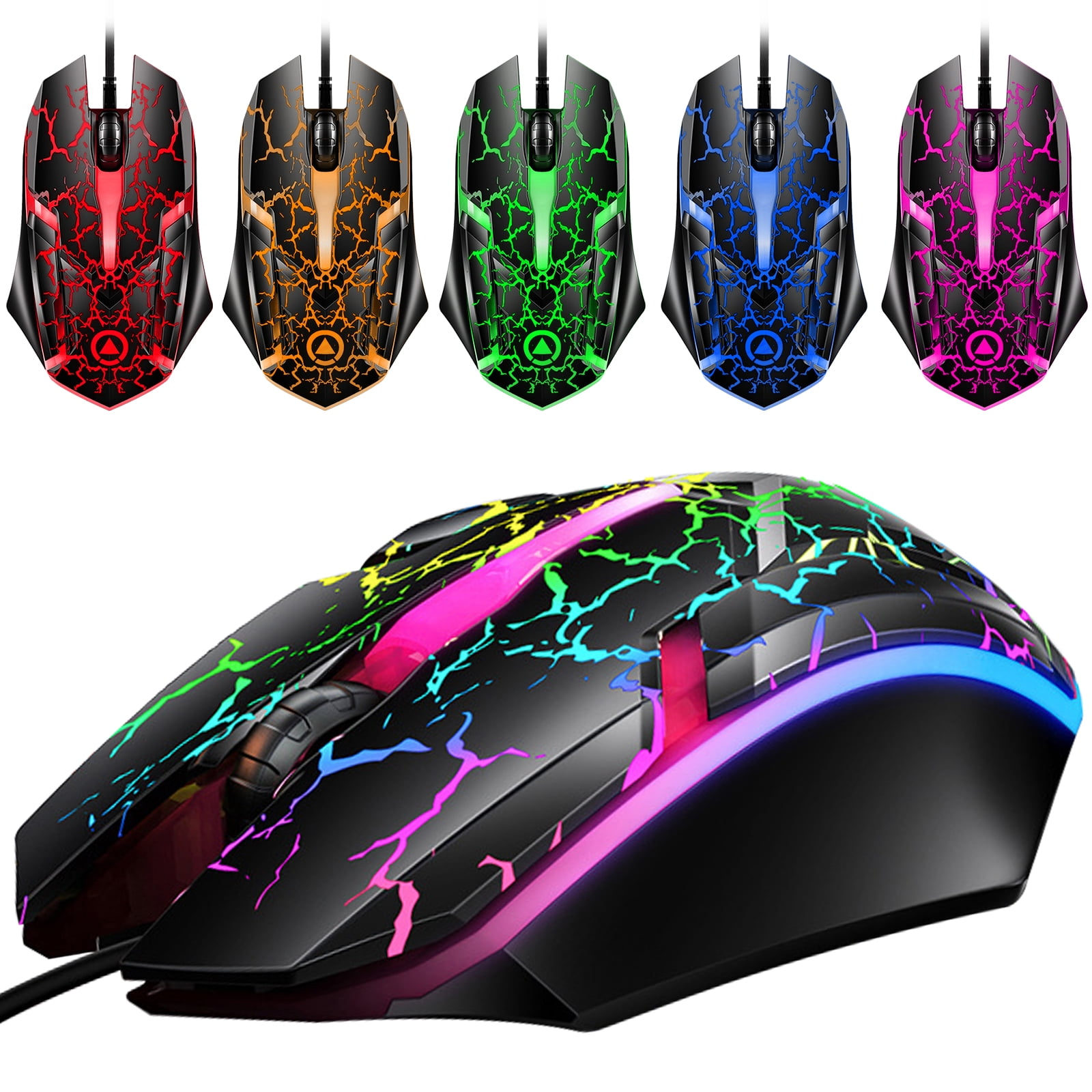 Gaming-Maus in verschiedenen Farben, schwarze Basis mit farbigen Rissen und Lichtern. Weißer Hintergrund.