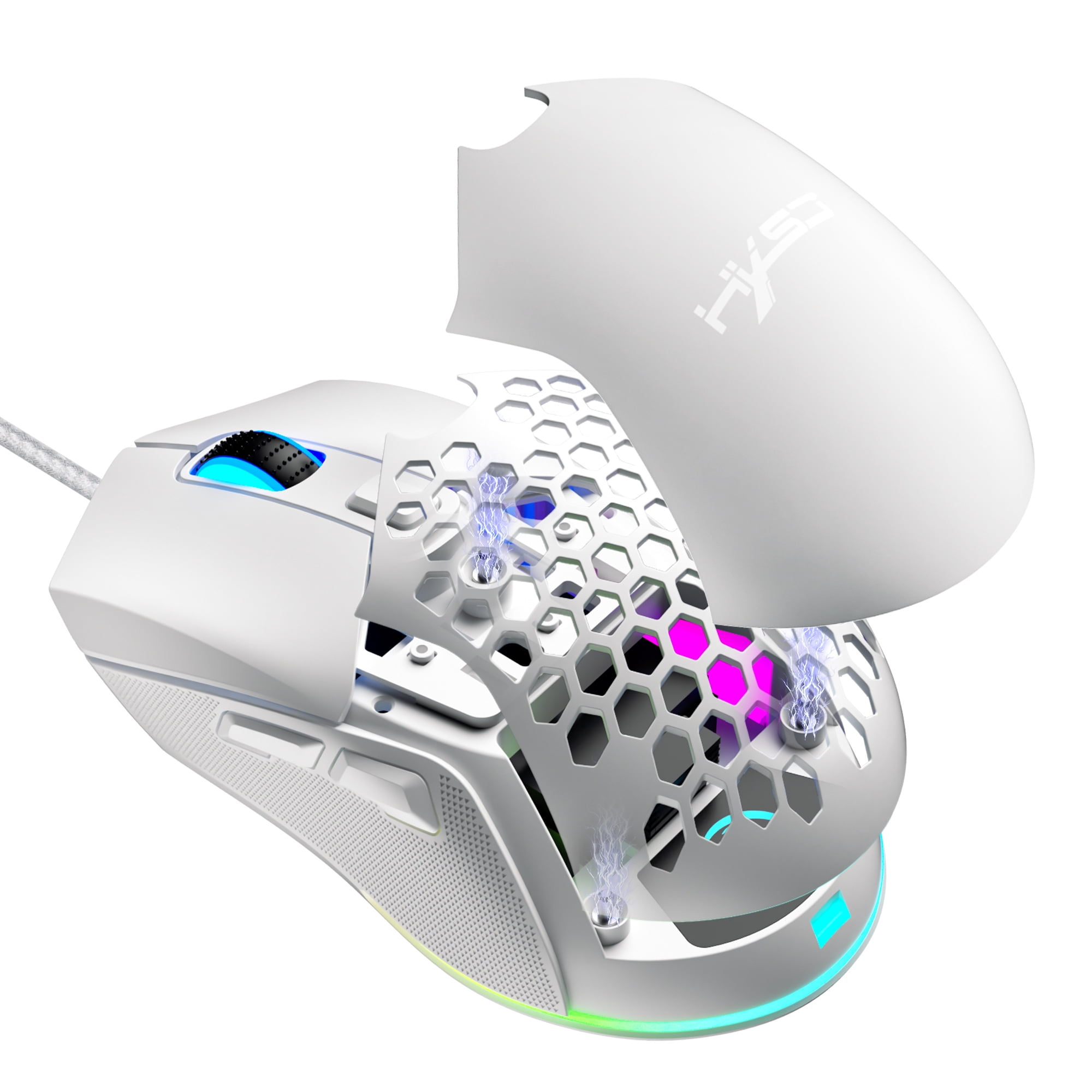 Weiße Gaming-Maus mit Wabenmuster. Sie hat ein blaues Scrollrad und RGB-Beleuchtung.