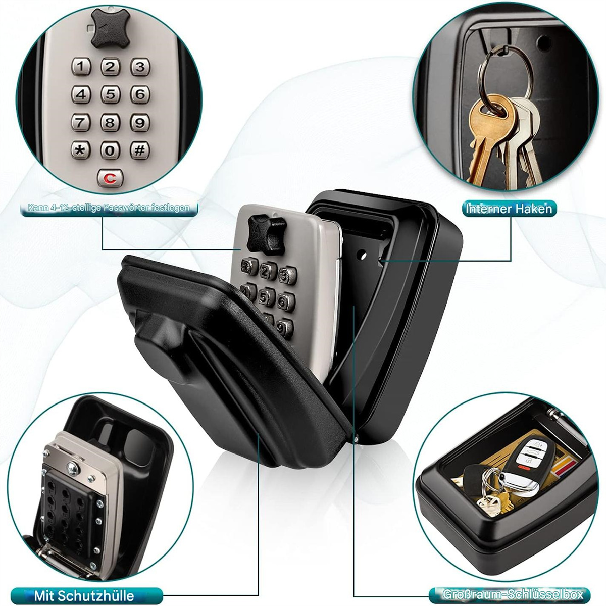 Ein schwarzer Schlüsselsafe mit Tastatur, Schlüsseln und verschiedenen internen Komponenten im Detail gezeigt.
