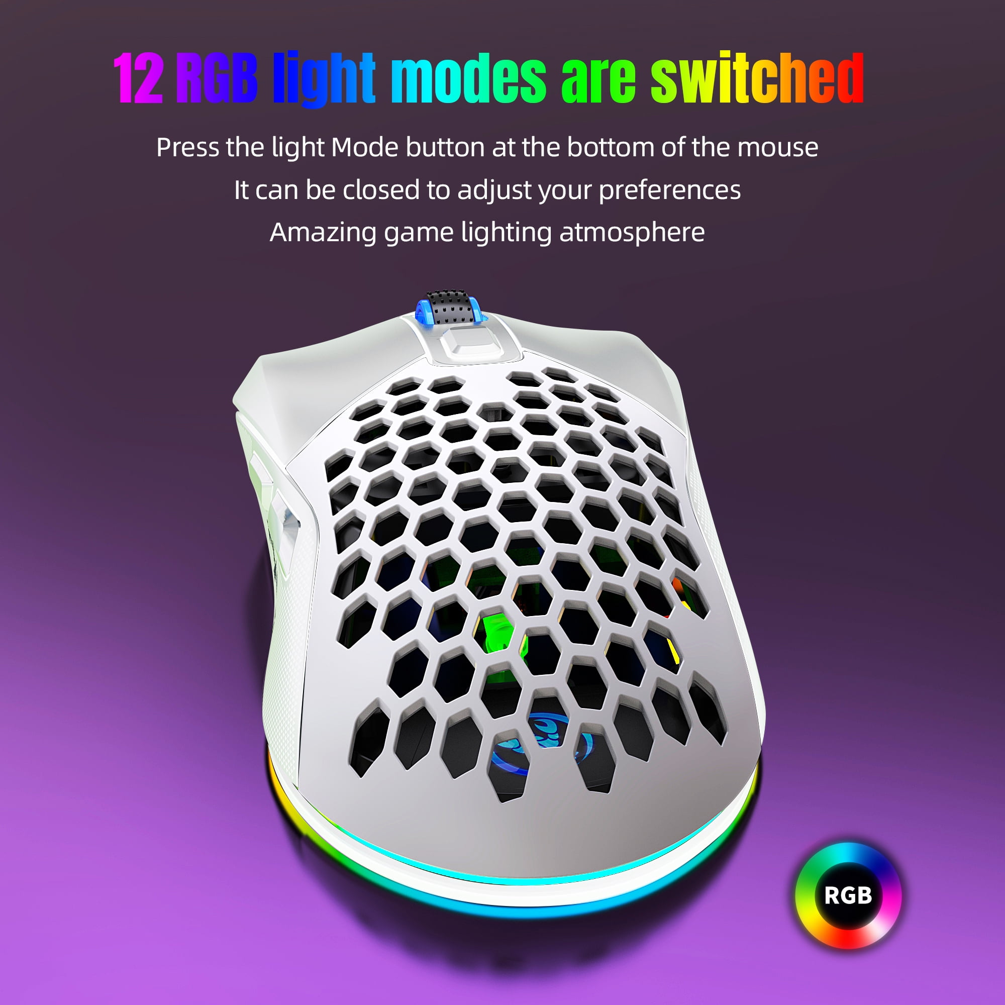 Weiße Gaming-Maus mit Wabenmuster, RGB-Beleuchtung unten und Logo. Lila Hintergrund.