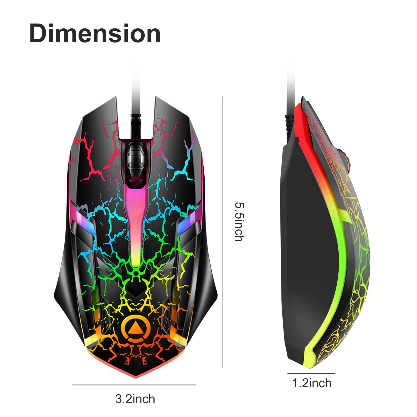 Gaming-Maus mit schwarzem Gehäuse, bunten Lichtern und Abmessungen in Zoll.