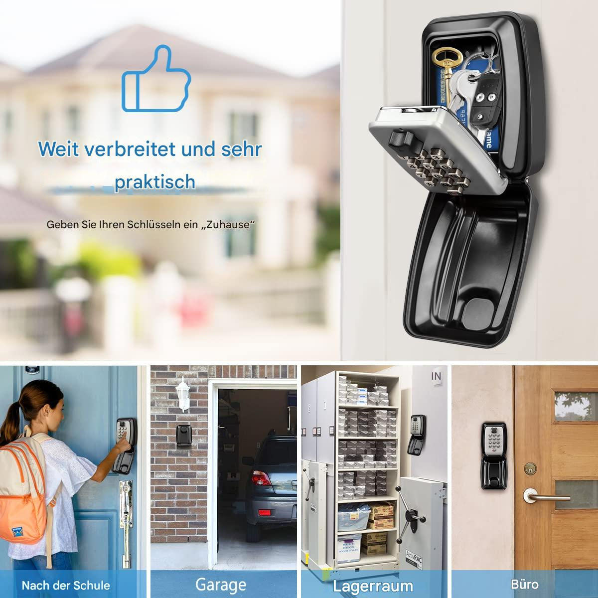 Ein Schlüsselsafe an einer Wand, mit sichtbaren Schlüsseln und mehreren Szenen, die seine Anwendungsfälle zeigen.