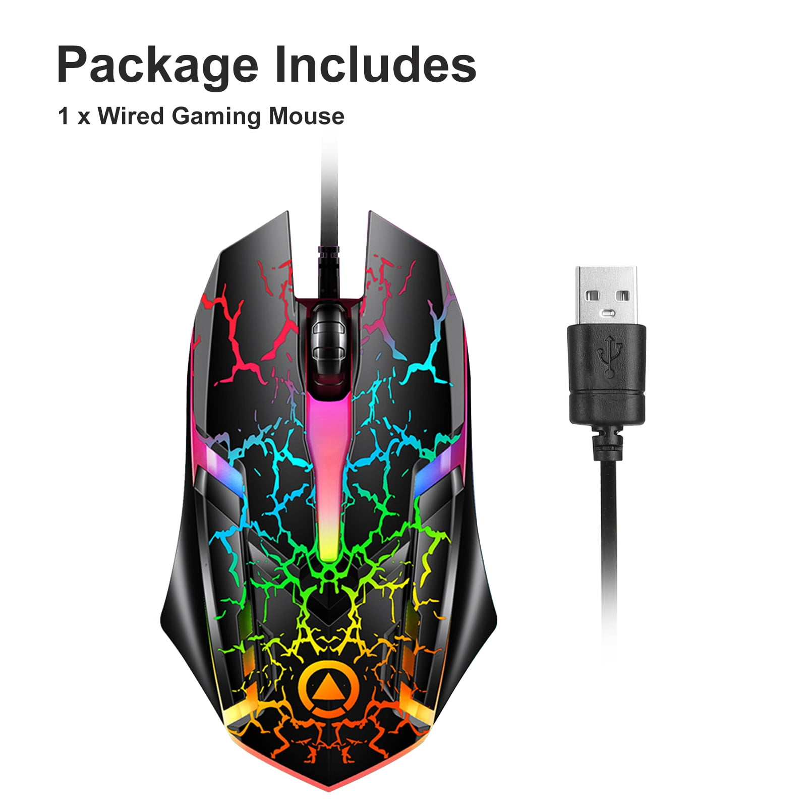 Eine kabelgebundene Gaming-Maus mit USB-Anschluss. Sie hat farbenfrohe Beleuchtung und ein einzigartiges Design.