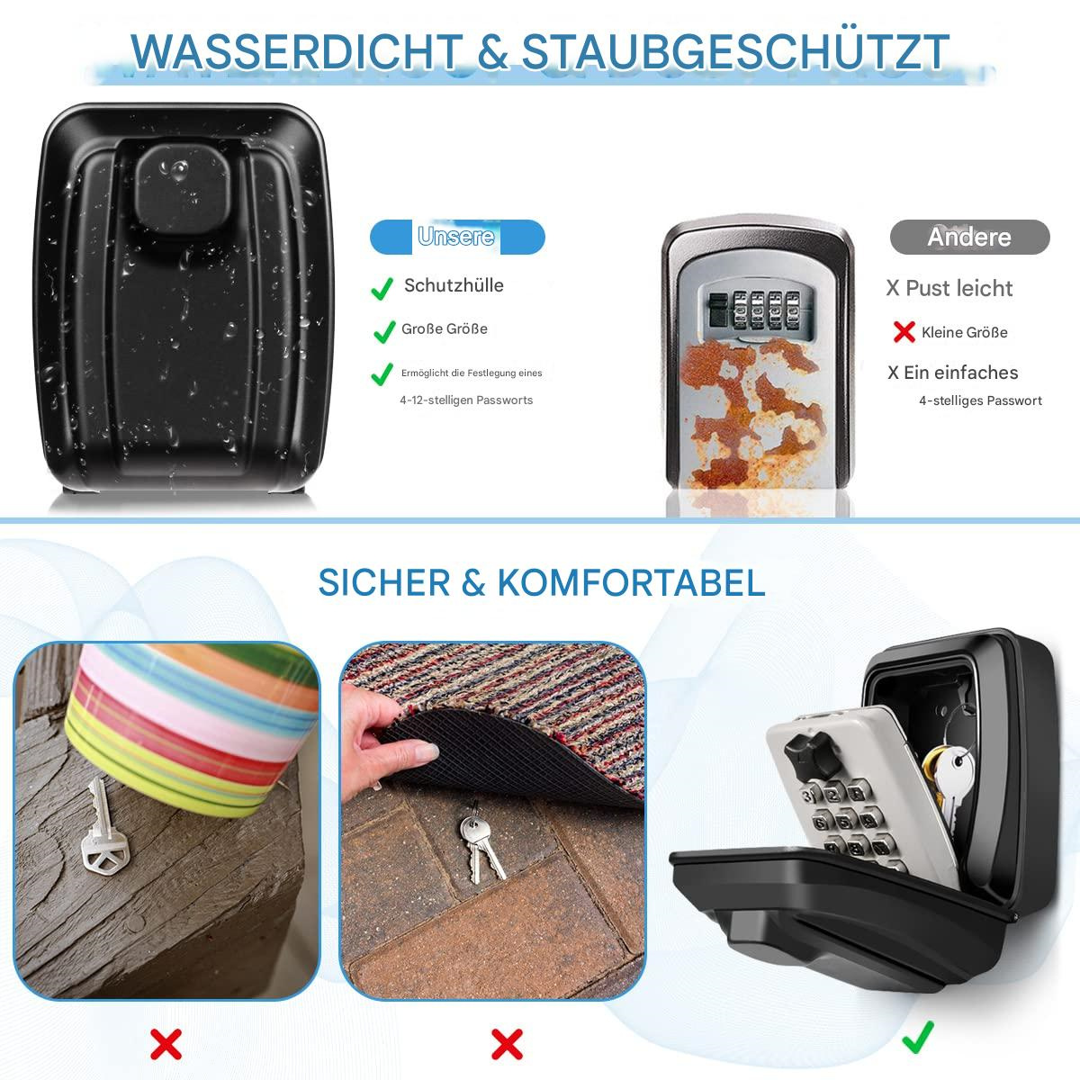 Schwarzer Schlüsseltresor mit Schlüsseln und Text. Wasser- und staubdicht. Sicher und komfortabel.