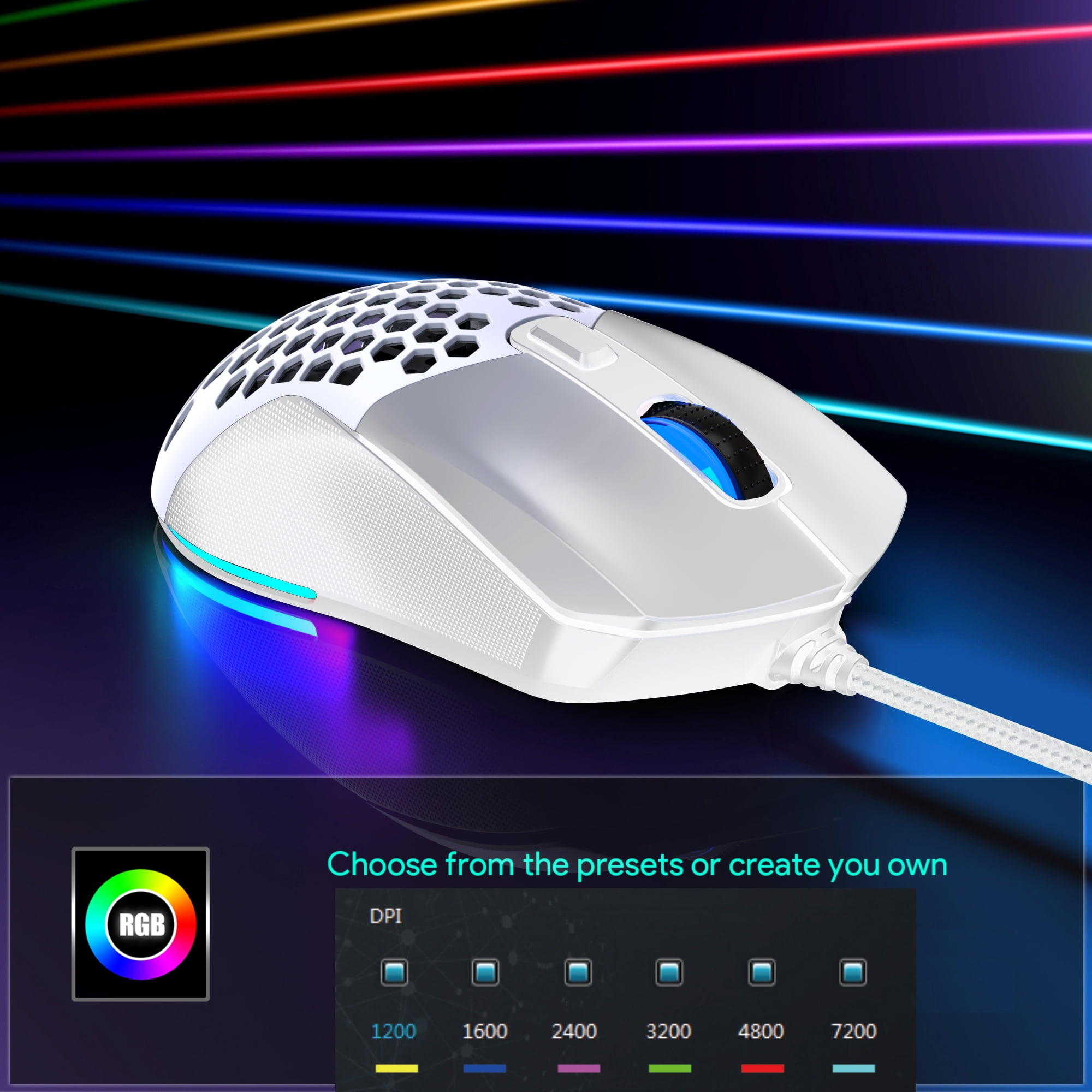 Eine weiße Gaming-Maus mit RGB-Beleuchtung, die DPI-Einstellungen zeigt. Ein schwarzer Hintergrund ist sichtbar.