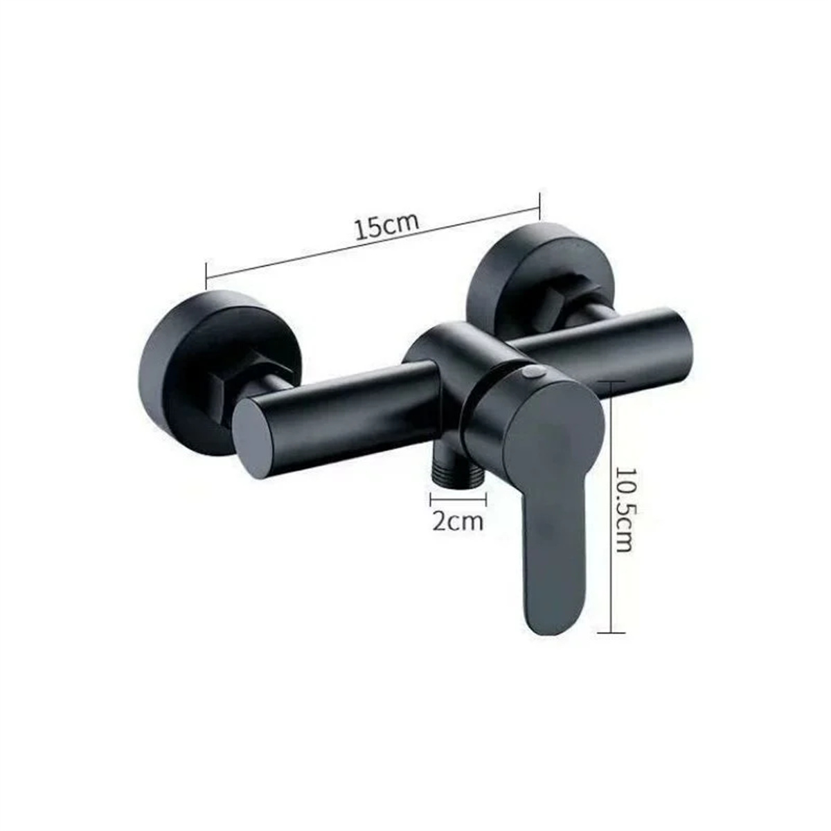 Schwarzer Wasserhahn mit Maßangaben: 15 cm Länge, 2 cm Breite und 10,5 cm Höhe.