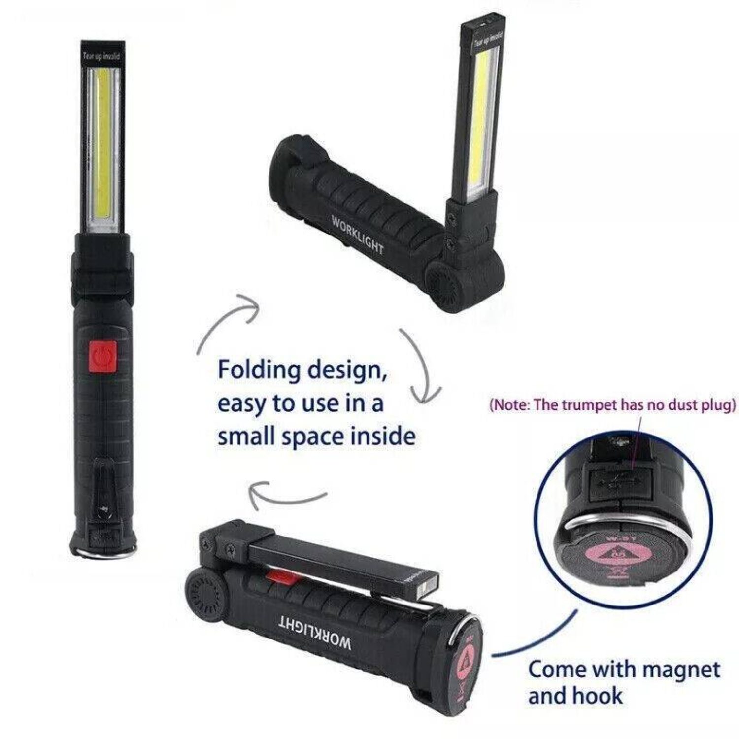Faltbare LED-Arbeitsleuchte in drei verschiedenen Positionen. Schwarz-rotes Design.