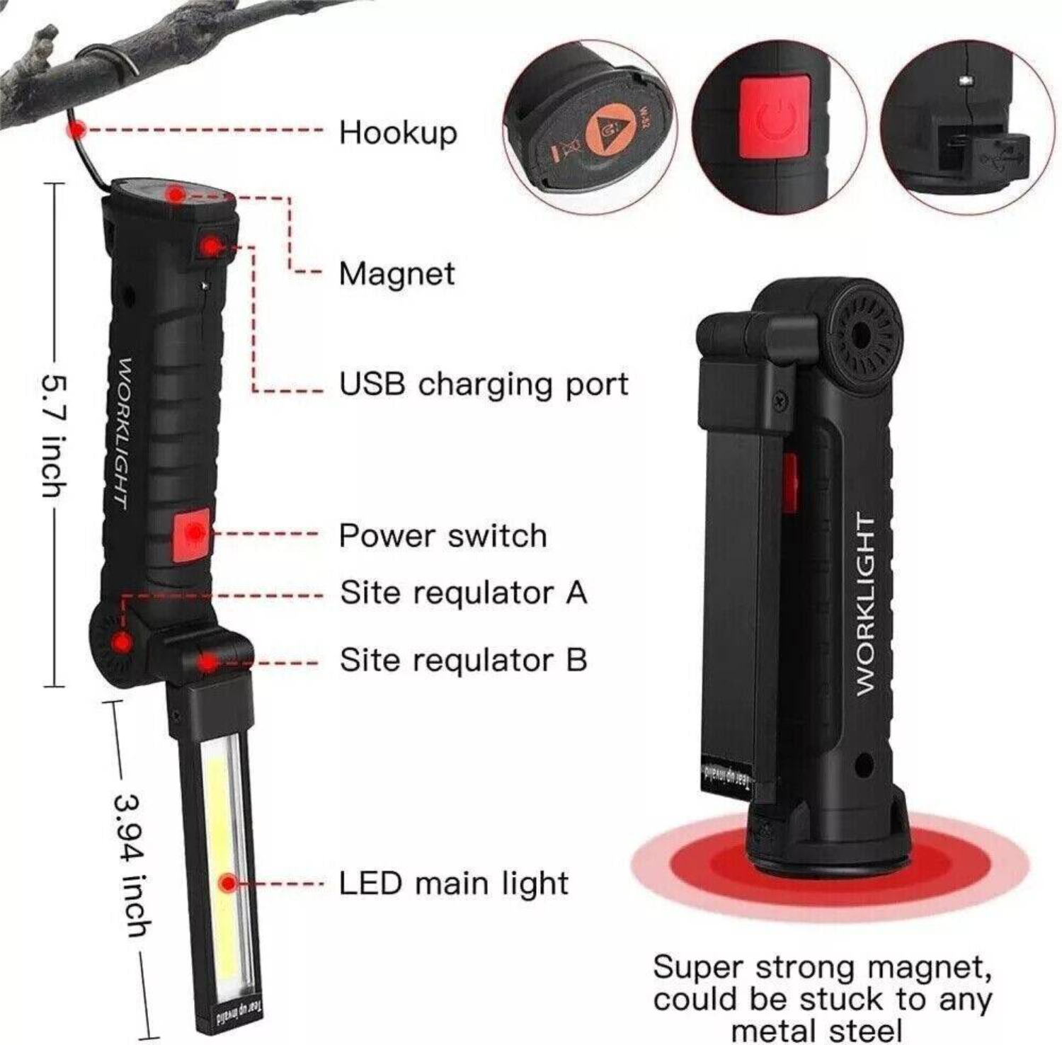 Ein schwarzes Arbeitslicht mit roten Akzenten. Es hat einen Haken, Magnet, USB-Anschluss und LED-Licht, mit Abmessungen.